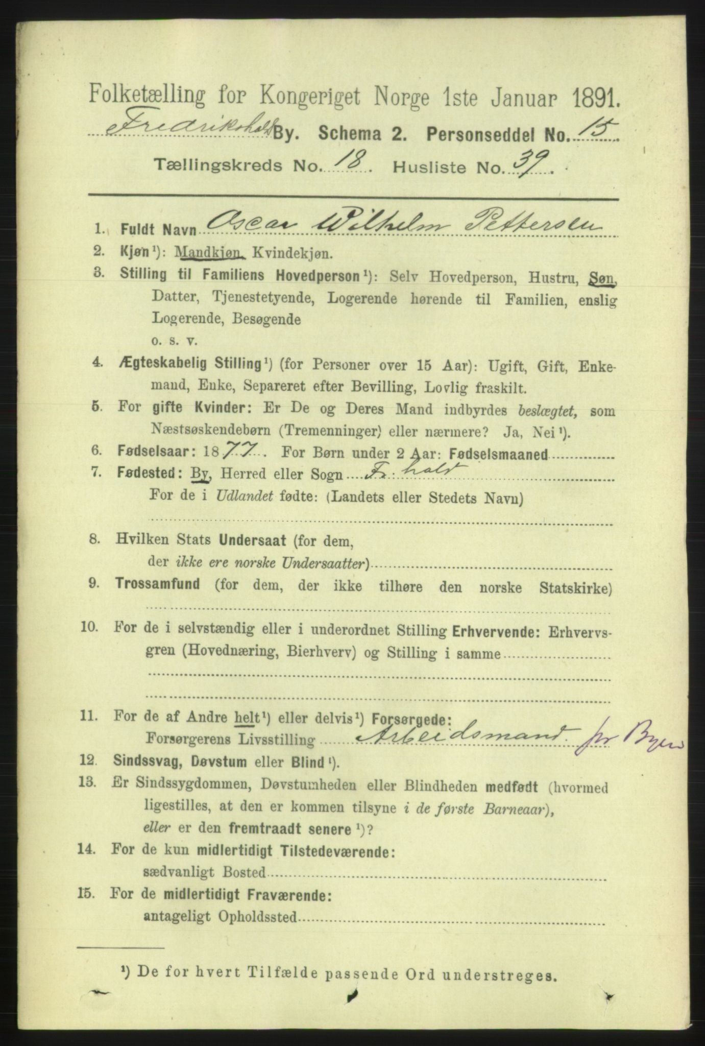 RA, 1891 census for 0101 Fredrikshald, 1891, p. 11915