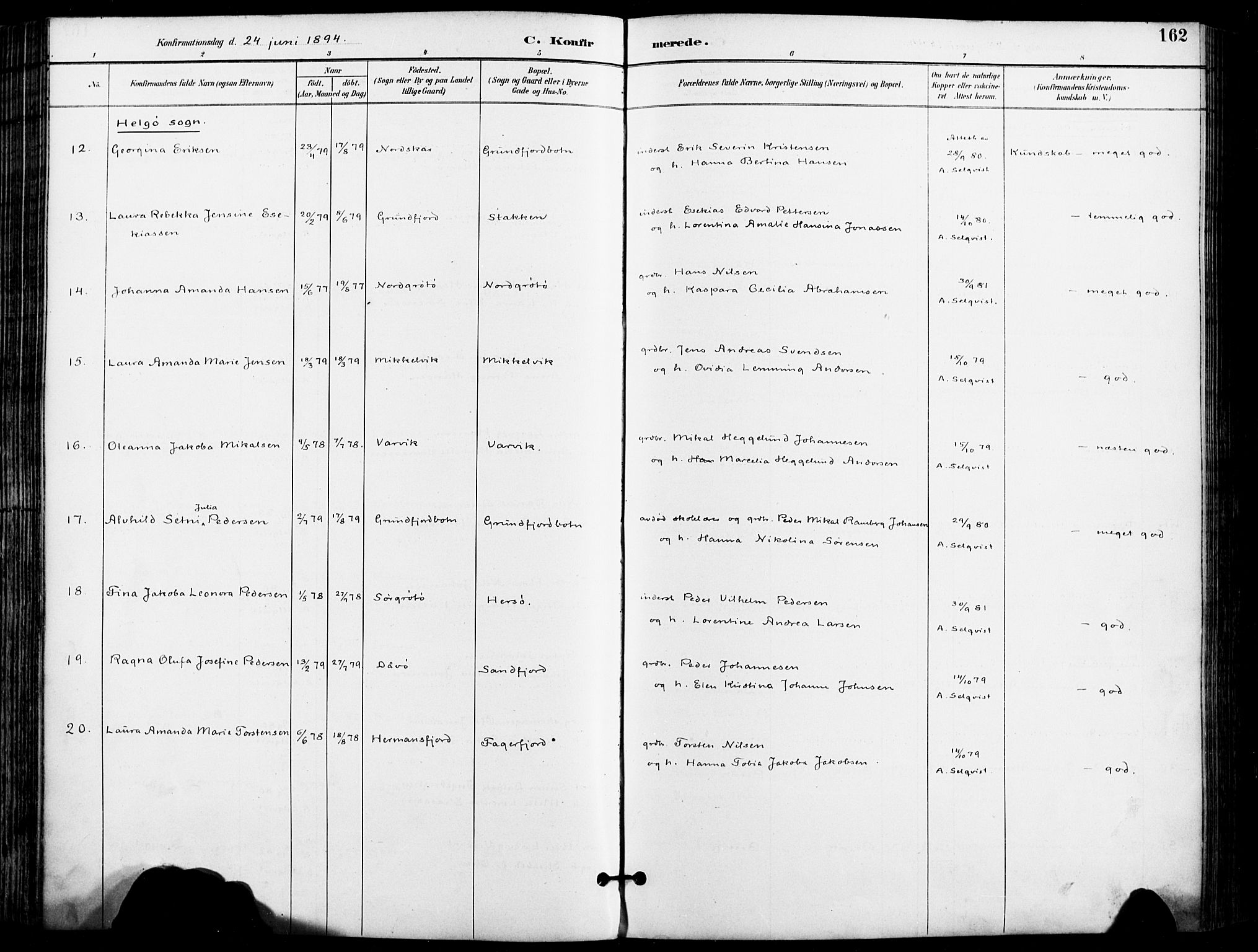 Karlsøy sokneprestembete, AV/SATØ-S-1299/H/Ha/Haa/L0007kirke: Parish register (official) no. 7, 1891-1902, p. 162