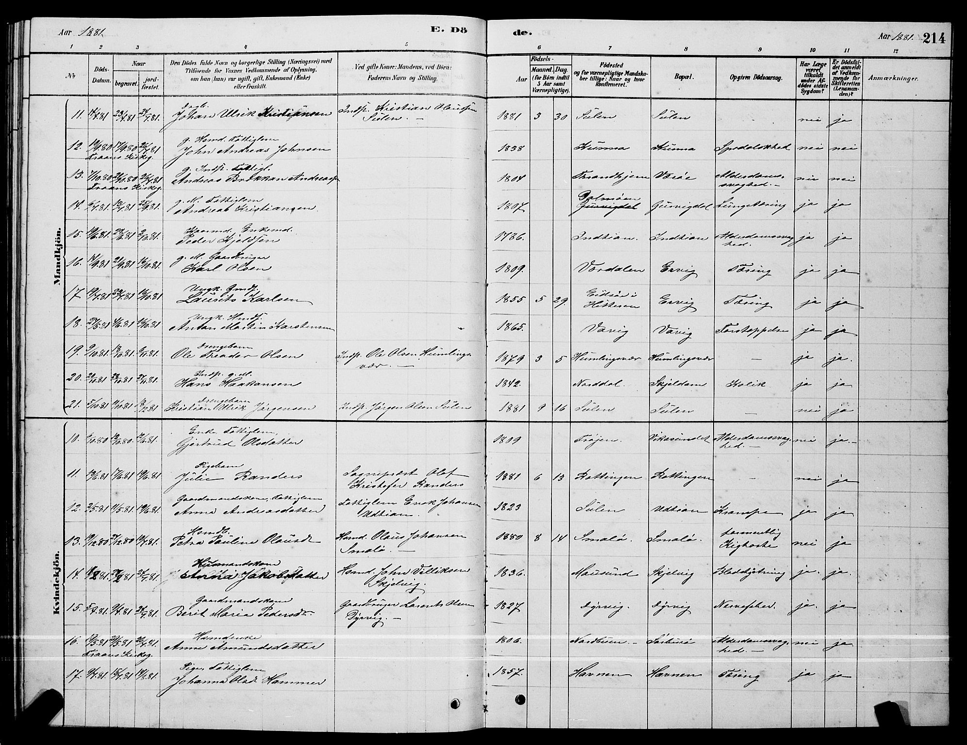 Ministerialprotokoller, klokkerbøker og fødselsregistre - Sør-Trøndelag, AV/SAT-A-1456/640/L0585: Parish register (copy) no. 640C03, 1878-1891, p. 214