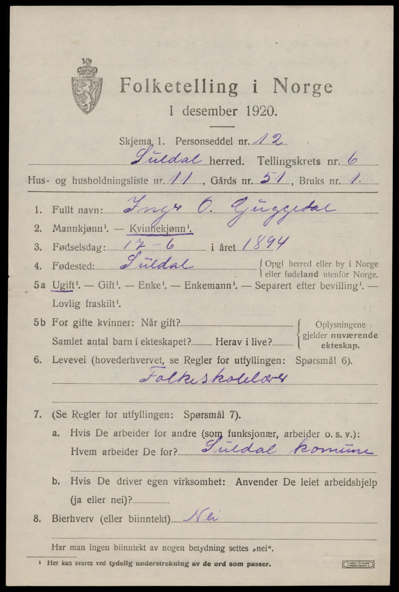 SAST, 1920 census for Suldal, 1920, p. 1746