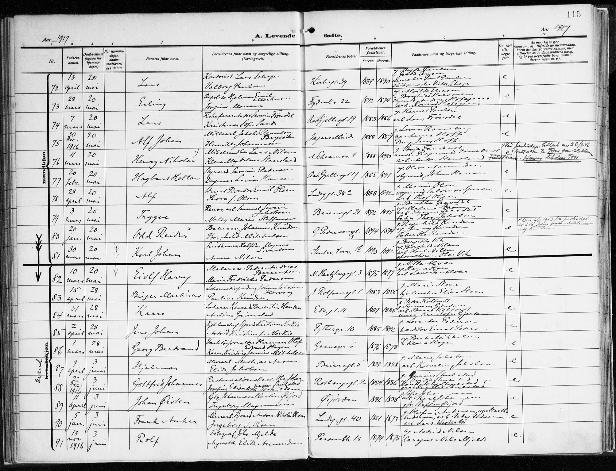 Sandviken Sokneprestembete, AV/SAB-A-77601/H/Ha/L0007: Parish register (official) no. B 4, 1912-1924, p. 115