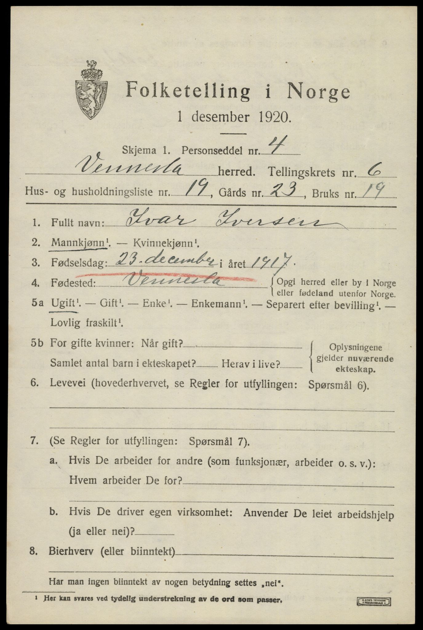 SAK, 1920 census for Vennesla, 1920, p. 4540