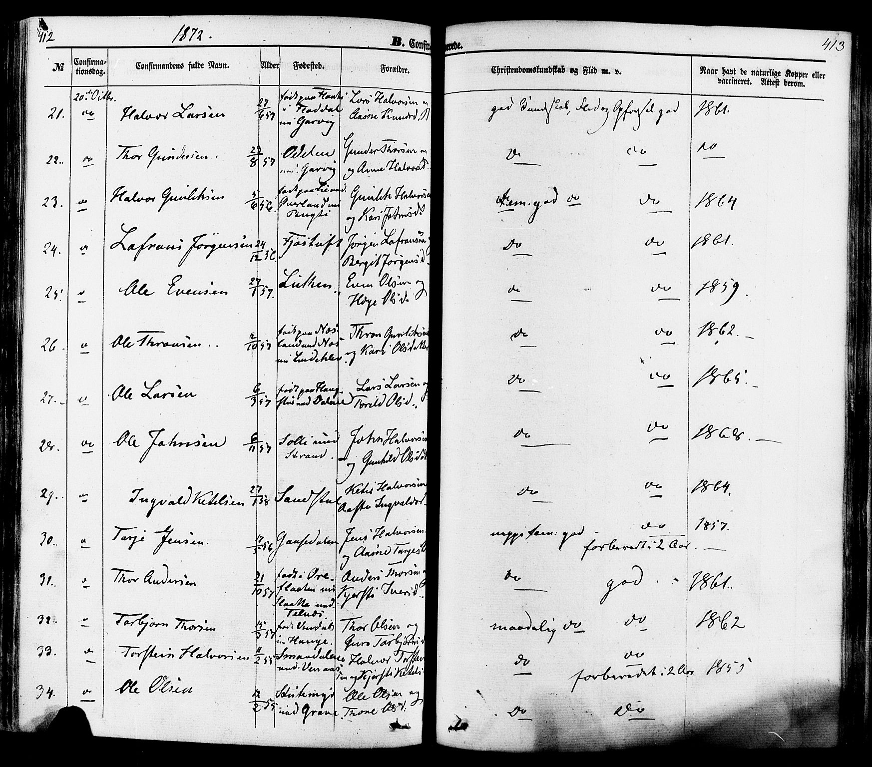 Seljord kirkebøker, SAKO/A-20/F/Fa/L0013: Parish register (official) no. I 13, 1866-1876, p. 412-413