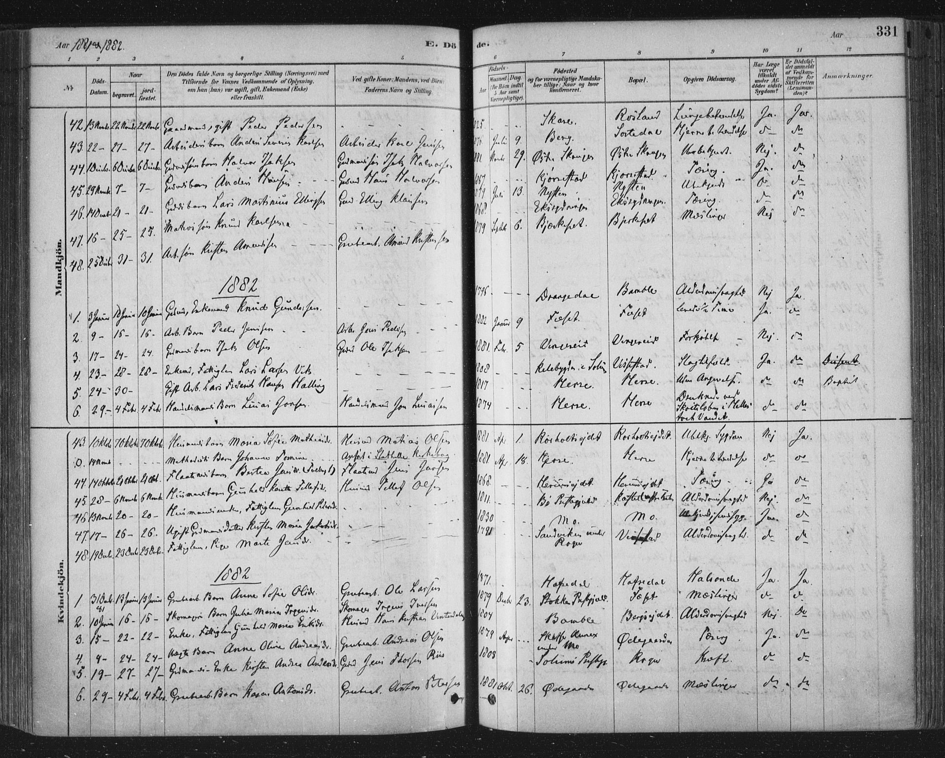 Bamble kirkebøker, SAKO/A-253/F/Fa/L0007: Parish register (official) no. I 7, 1878-1888, p. 331