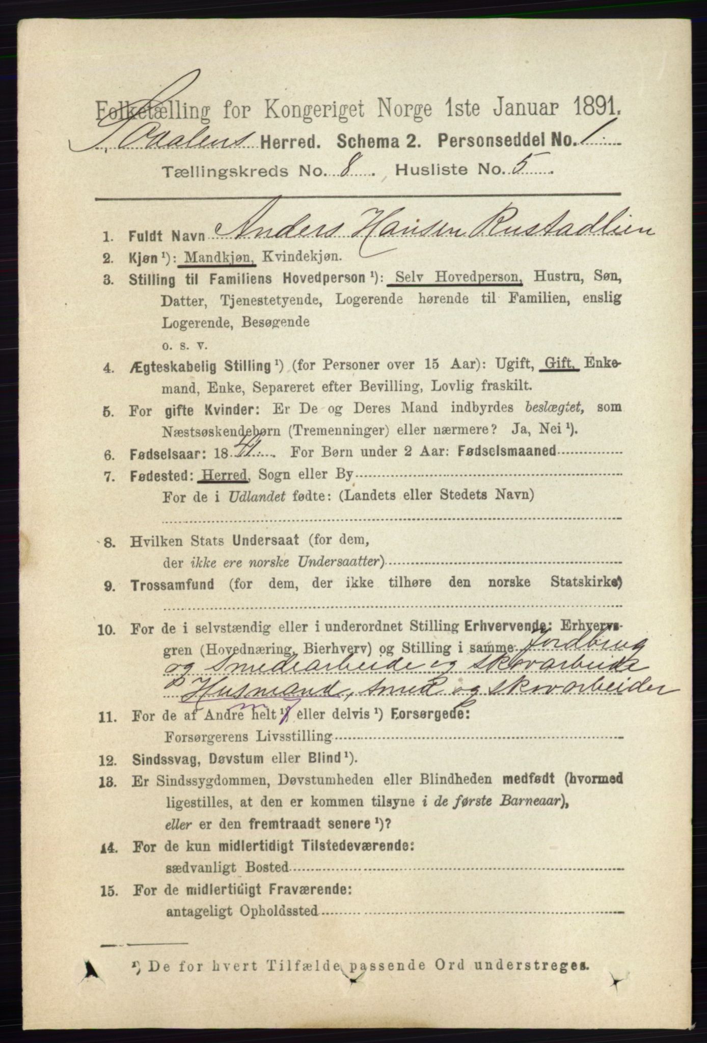 RA, 1891 census for 0419 Sør-Odal, 1891, p. 3995