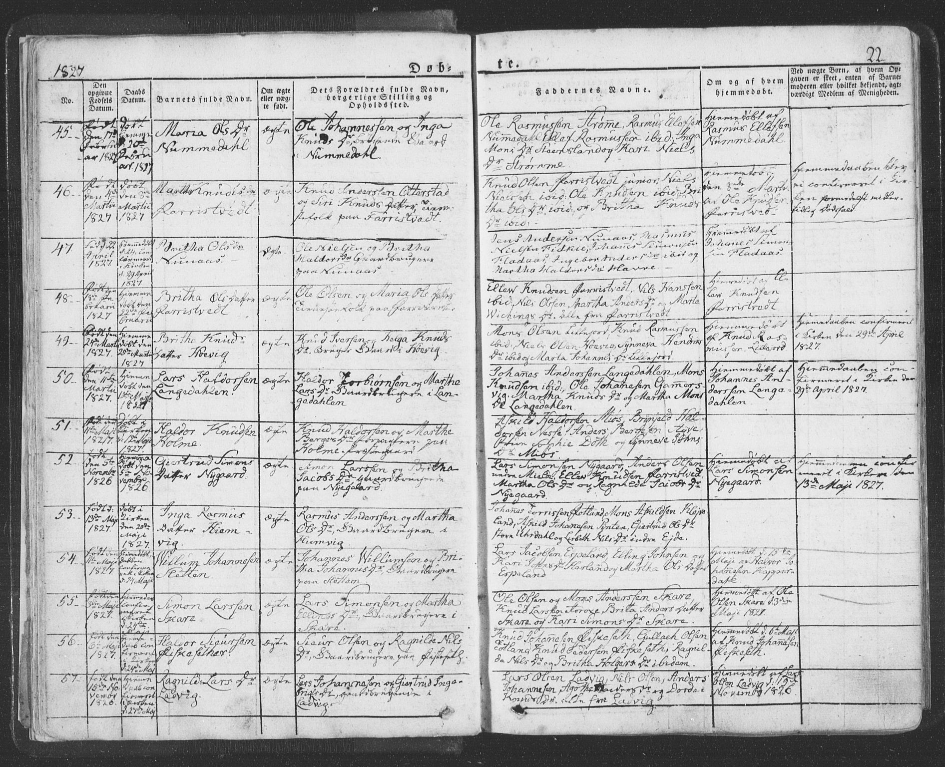 Hosanger sokneprestembete, AV/SAB-A-75801/H/Haa: Parish register (official) no. A 6, 1824-1835, p. 22