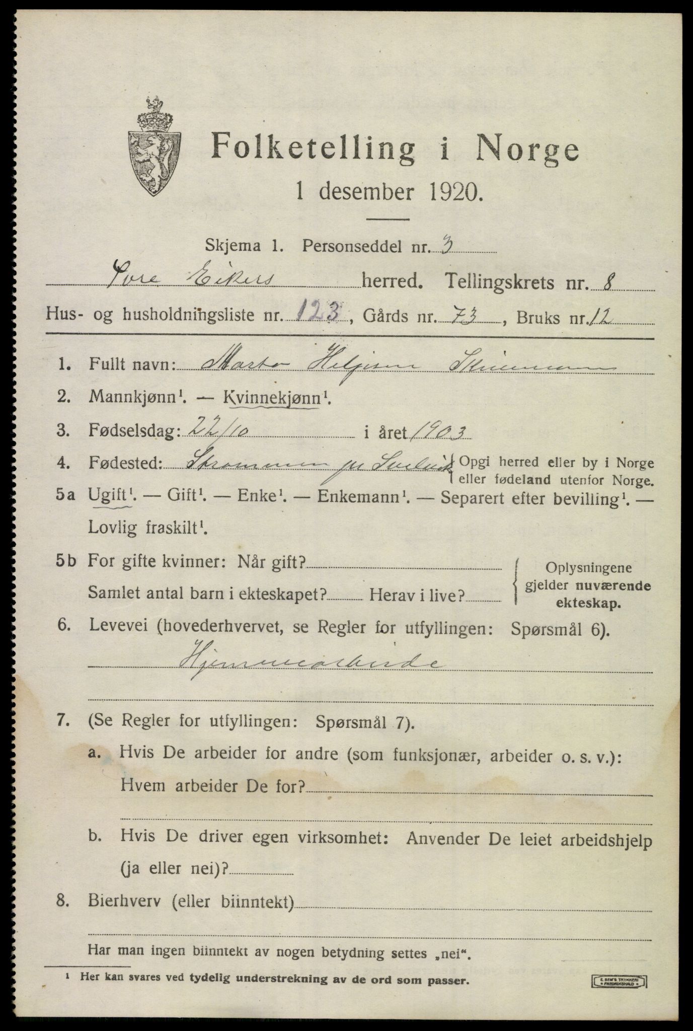 SAKO, 1920 census for Øvre Eiker, 1920, p. 15354