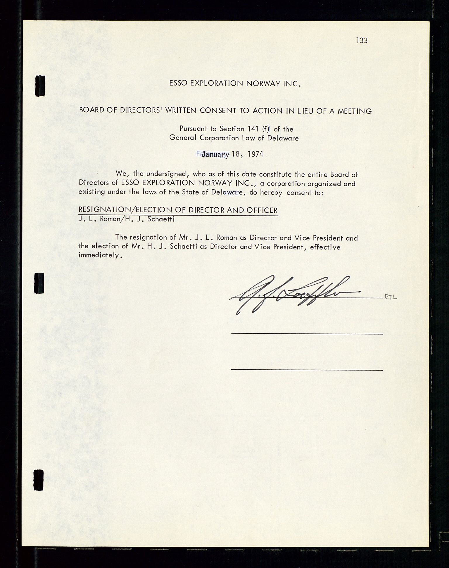 Pa 1512 - Esso Exploration and Production Norway Inc., SAST/A-101917/A/Aa/L0001/0001: Styredokumenter / Corporate records, By-Laws, Board meeting minutes, Incorporations, 1965-1975, p. 133