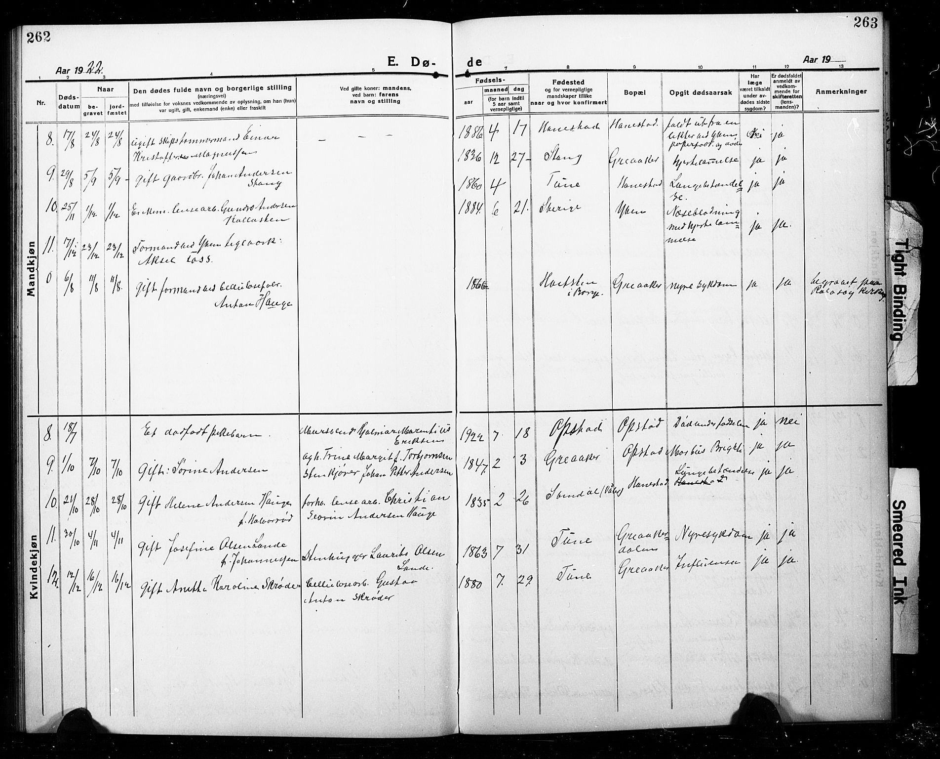 Tune prestekontor Kirkebøker, AV/SAO-A-2007/G/Gc/L0001: Parish register (copy) no. III 1, 1920-1930, p. 262-263