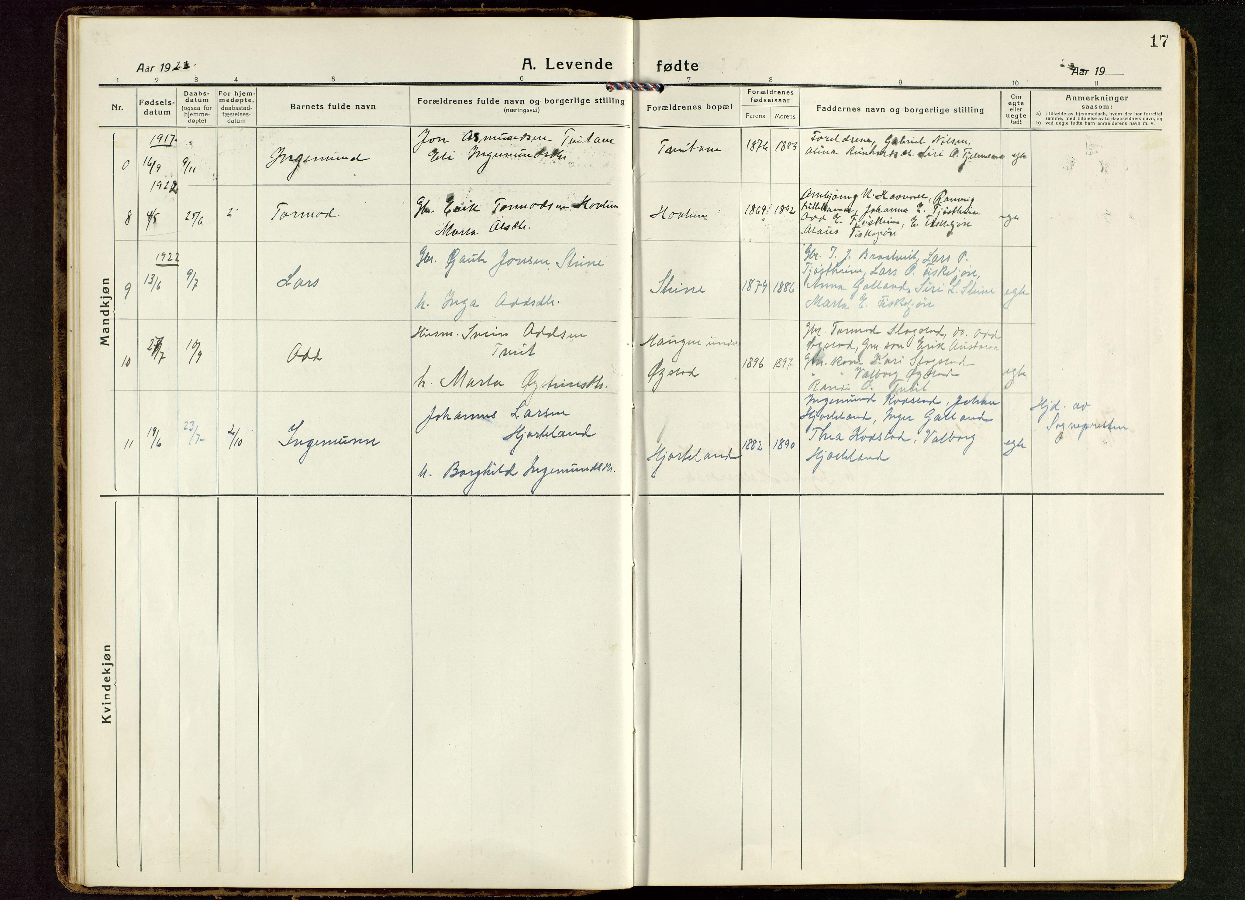 Suldal sokneprestkontor, AV/SAST-A-101845/01/V/L0007: Parish register (copy) no. B 7, 1917-1946, p. 17