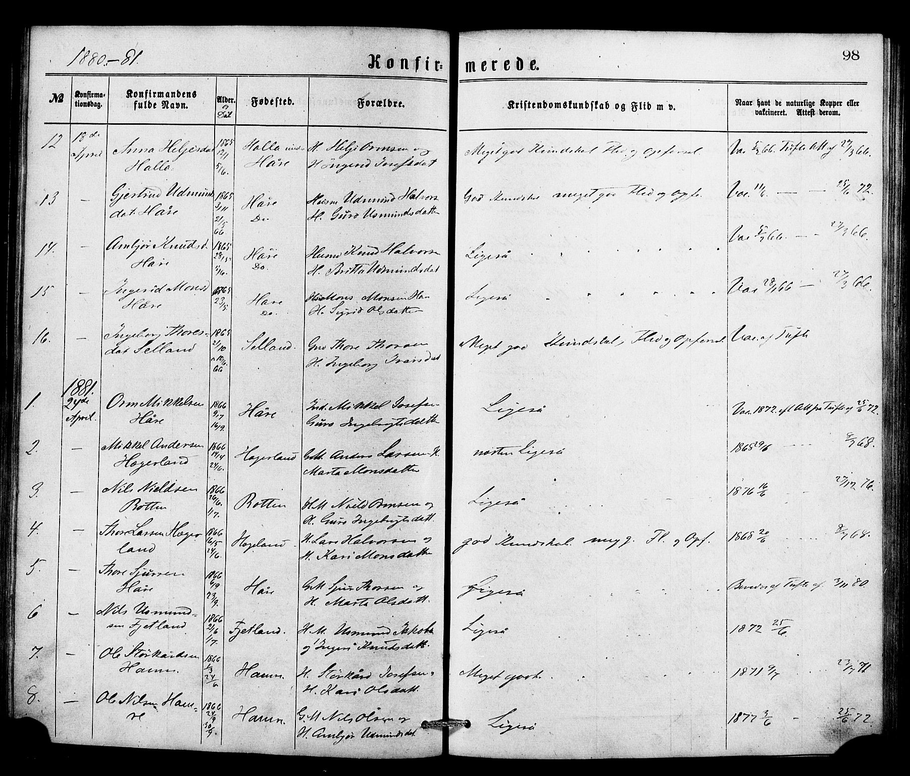 Røldal sokneprestembete, SAB/A-100247: Parish register (official) no. A 4, 1870-1886, p. 98