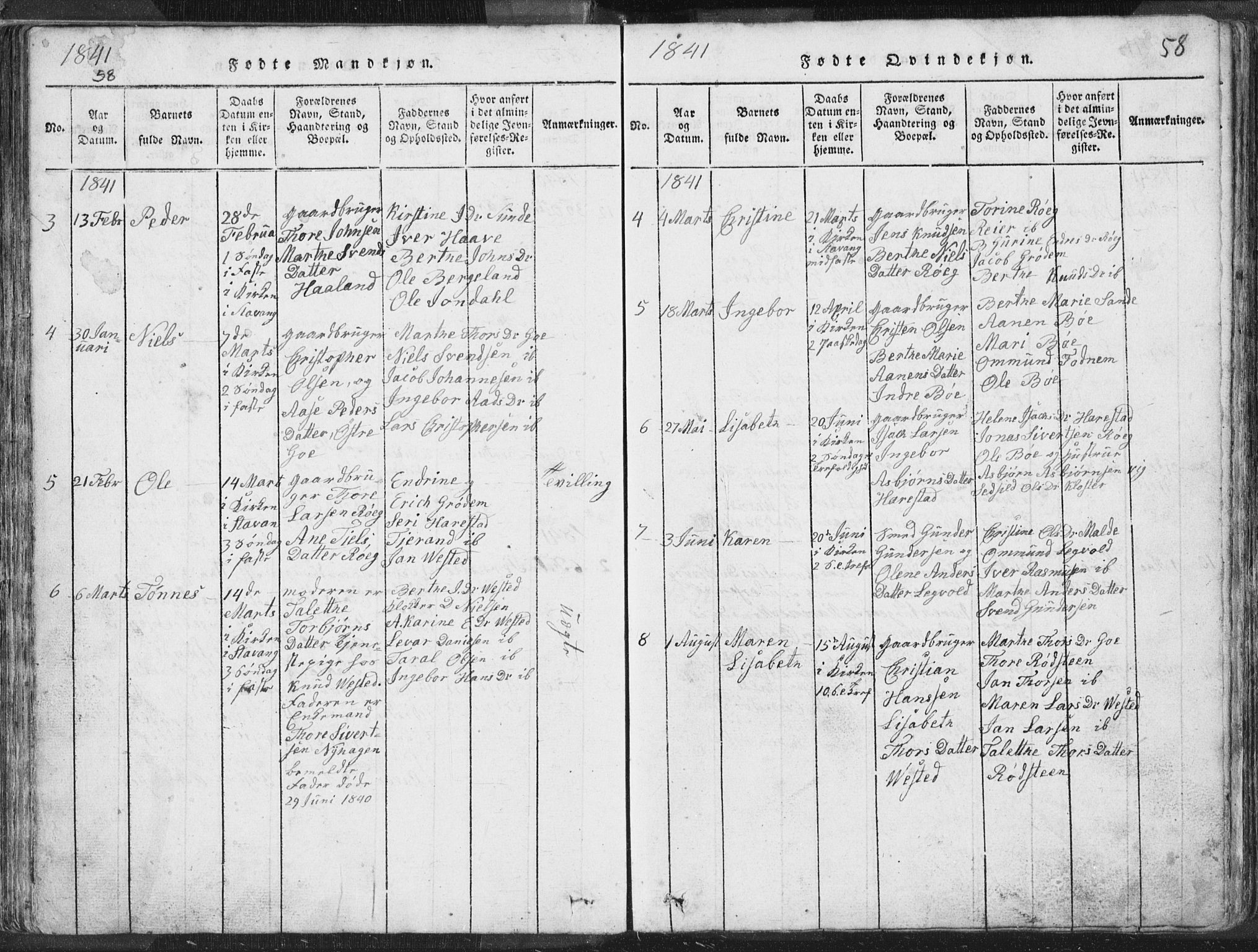 Hetland sokneprestkontor, AV/SAST-A-101826/30/30BA/L0001: Parish register (official) no. A 1, 1816-1856, p. 58