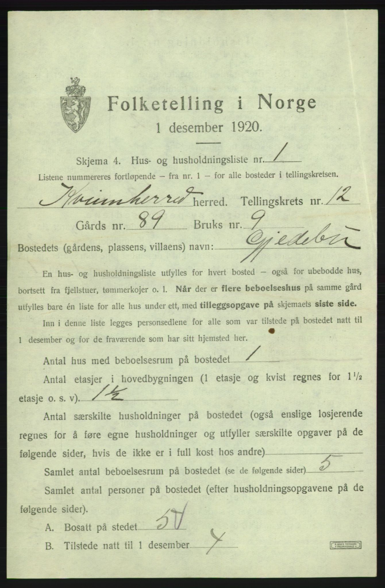 SAB, 1920 census for Kvinnherad, 1920, p. 1253