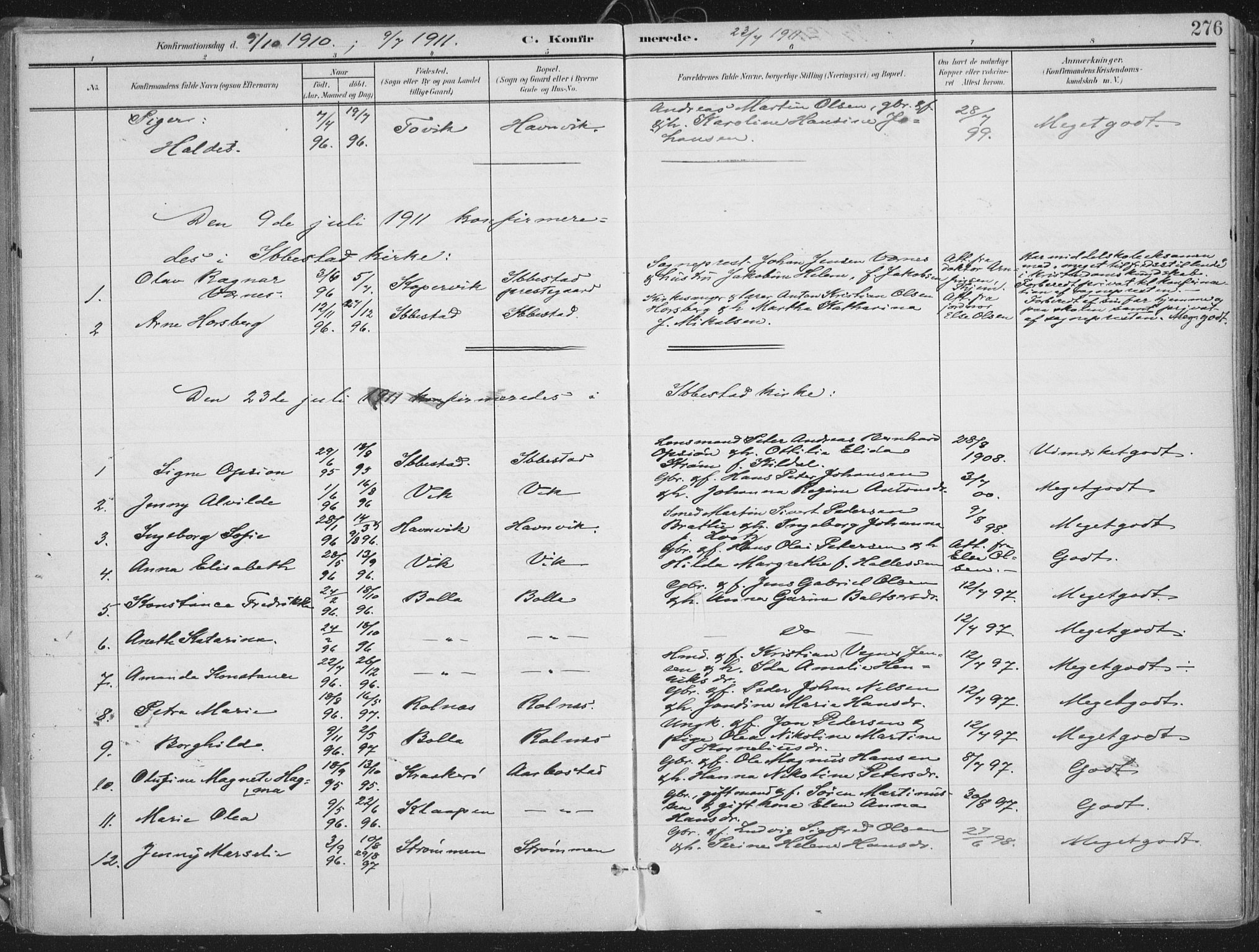 Ibestad sokneprestembete, AV/SATØ-S-0077/H/Ha/Haa/L0017kirke: Parish register (official) no. 17, 1901-1914, p. 276