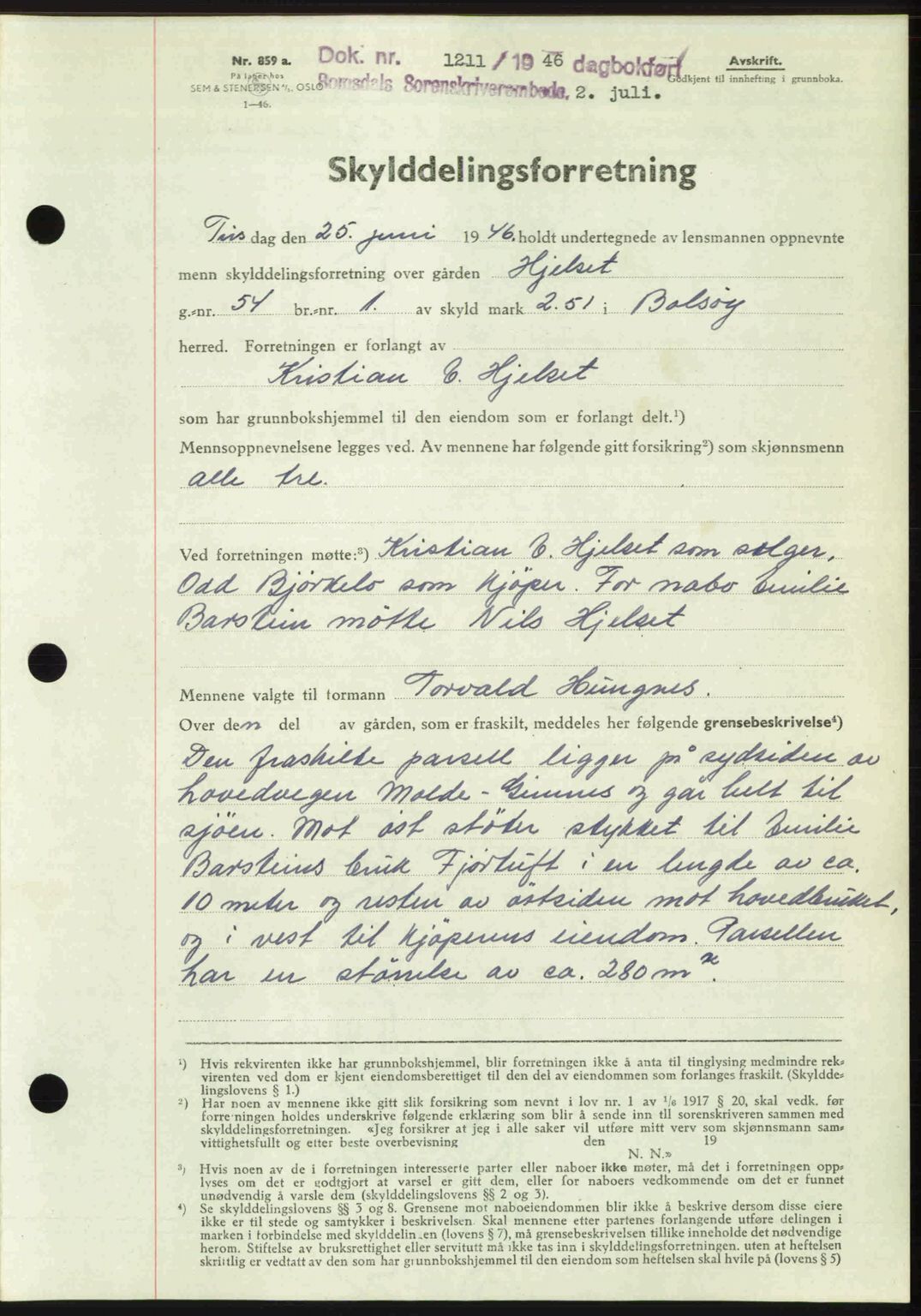 Romsdal sorenskriveri, AV/SAT-A-4149/1/2/2C: Mortgage book no. A20, 1946-1946, Diary no: : 1211/1946