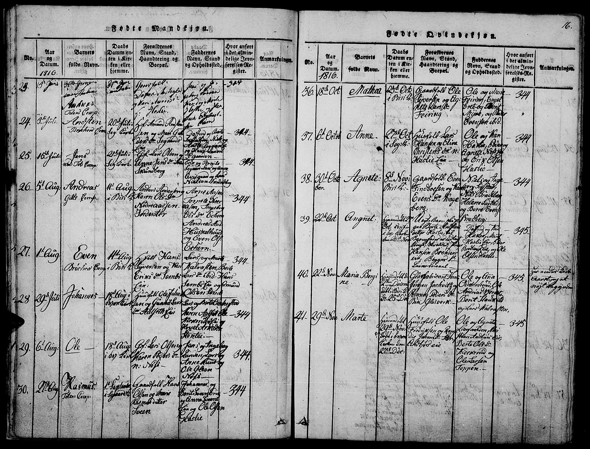 Biri prestekontor, AV/SAH-PREST-096/H/Ha/Haa/L0003: Parish register (official) no. 3, 1814-1828, p. 16