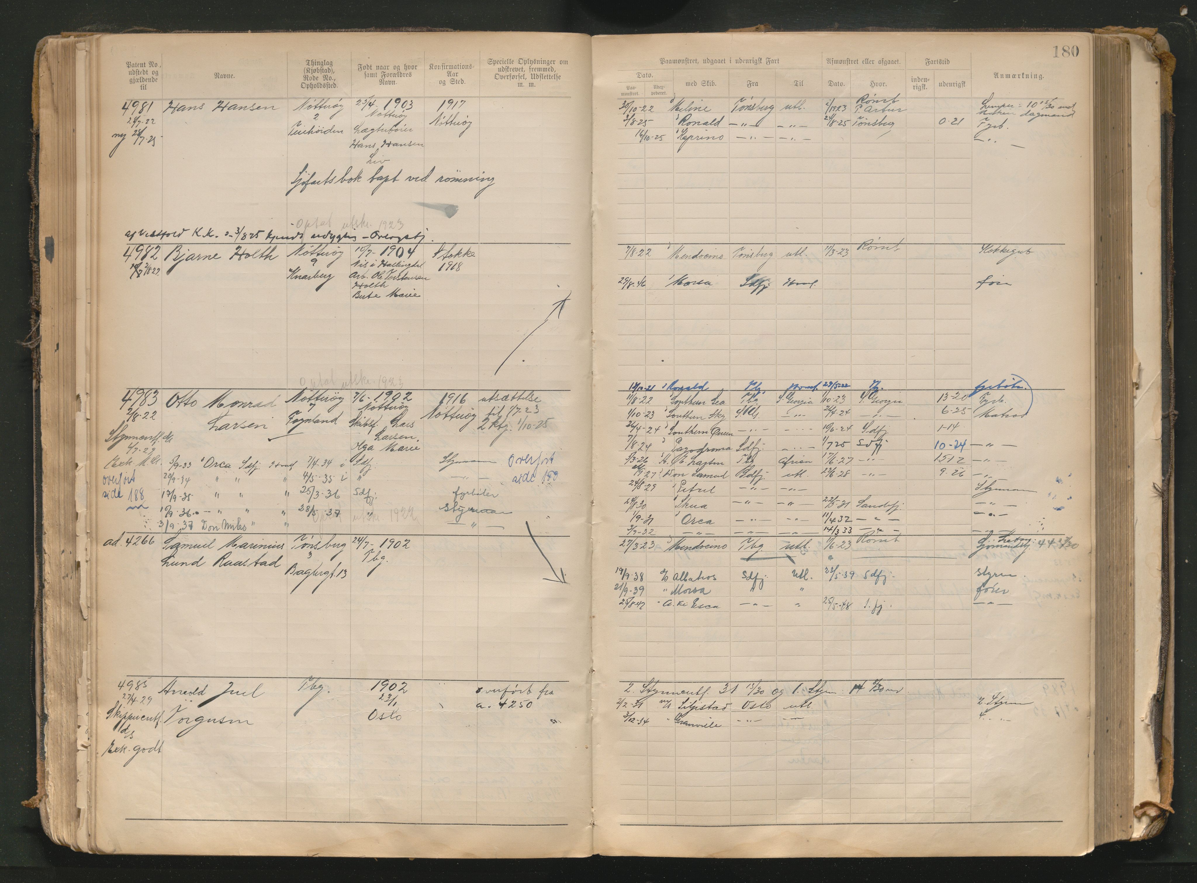 Tønsberg innrulleringskontor, AV/SAKO-A-786/F/Fb/L0010: Annotasjonsrulle Patent nr. 4081-4988, 1911-1948, p. 180