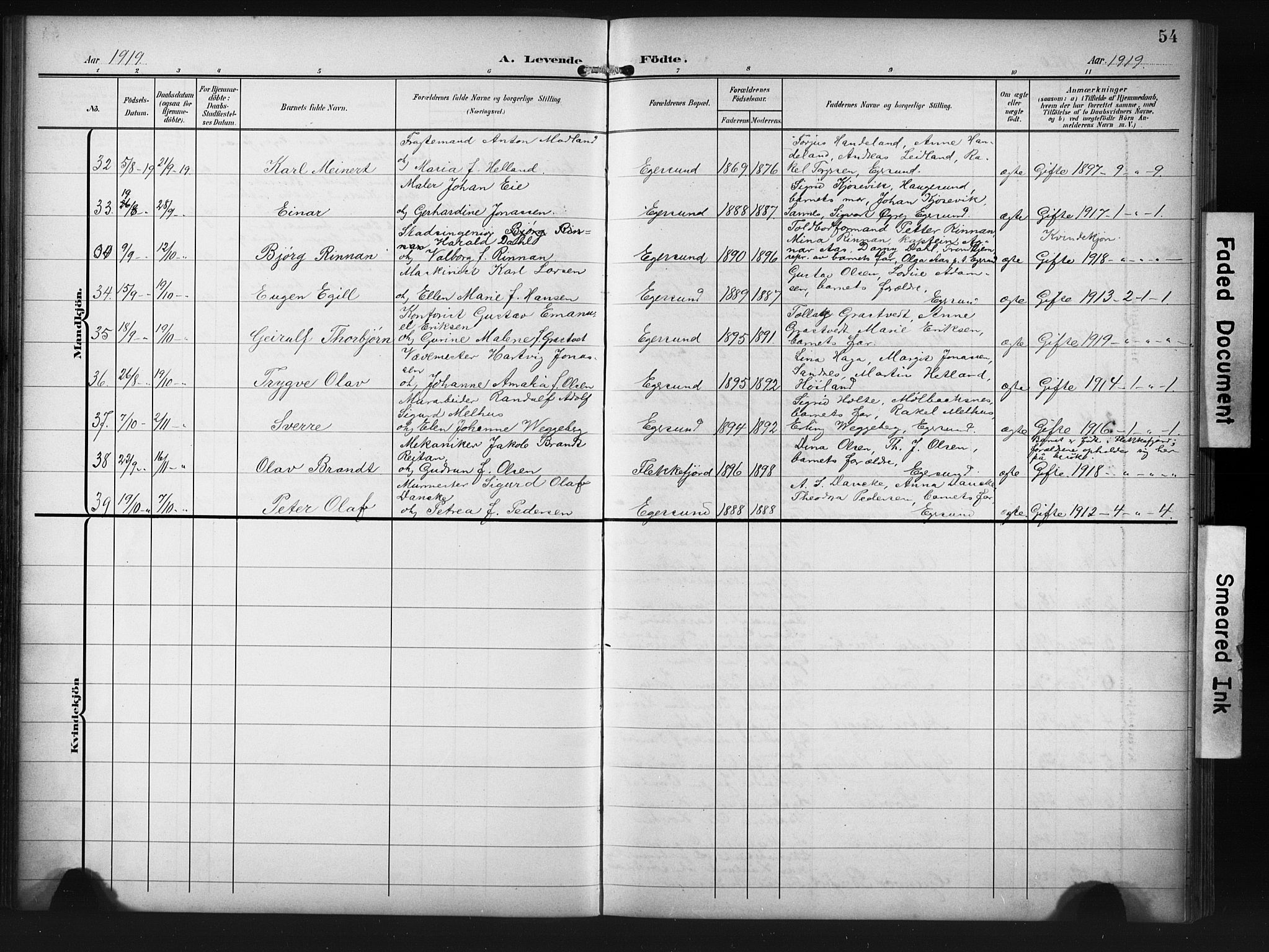Eigersund sokneprestkontor, AV/SAST-A-101807/001/30/30BB/L0012: Parish register (copy) no. B 12, 1908-1930, p. 54