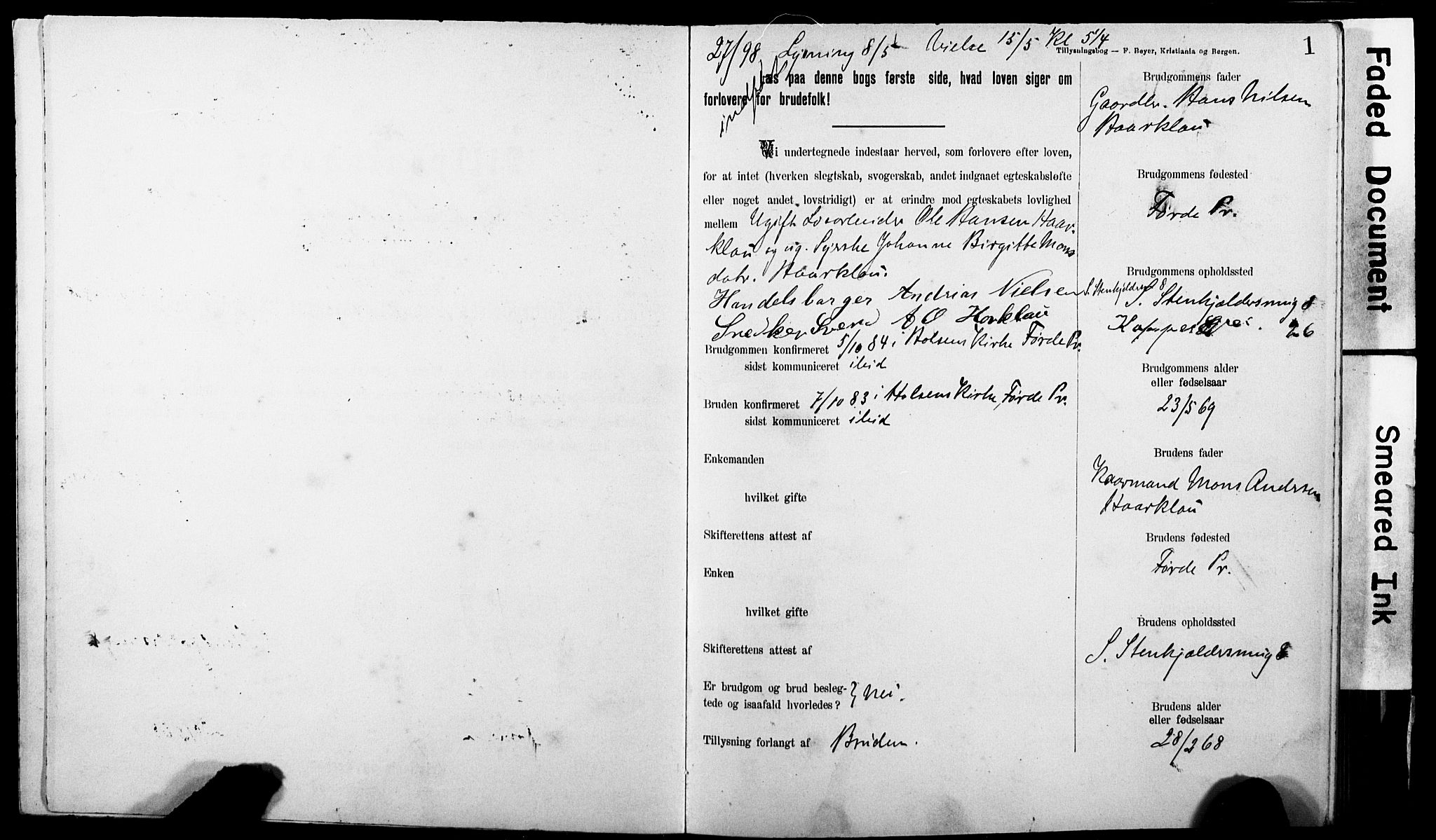 Korskirken sokneprestembete, SAB/A-76101: Best man's statements no. II.5.7, 1898-1903, p. 1