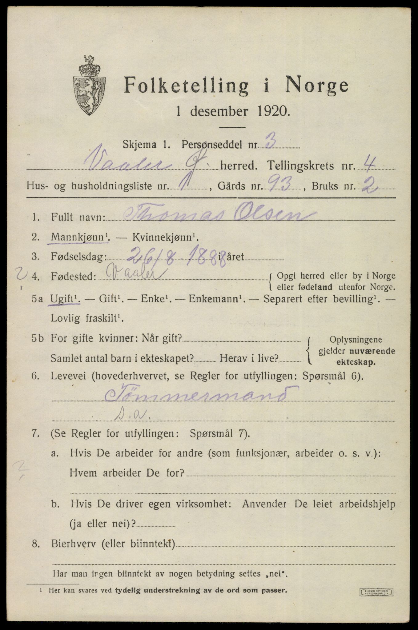 SAO, 1920 census for Våler, 1920, p. 2524