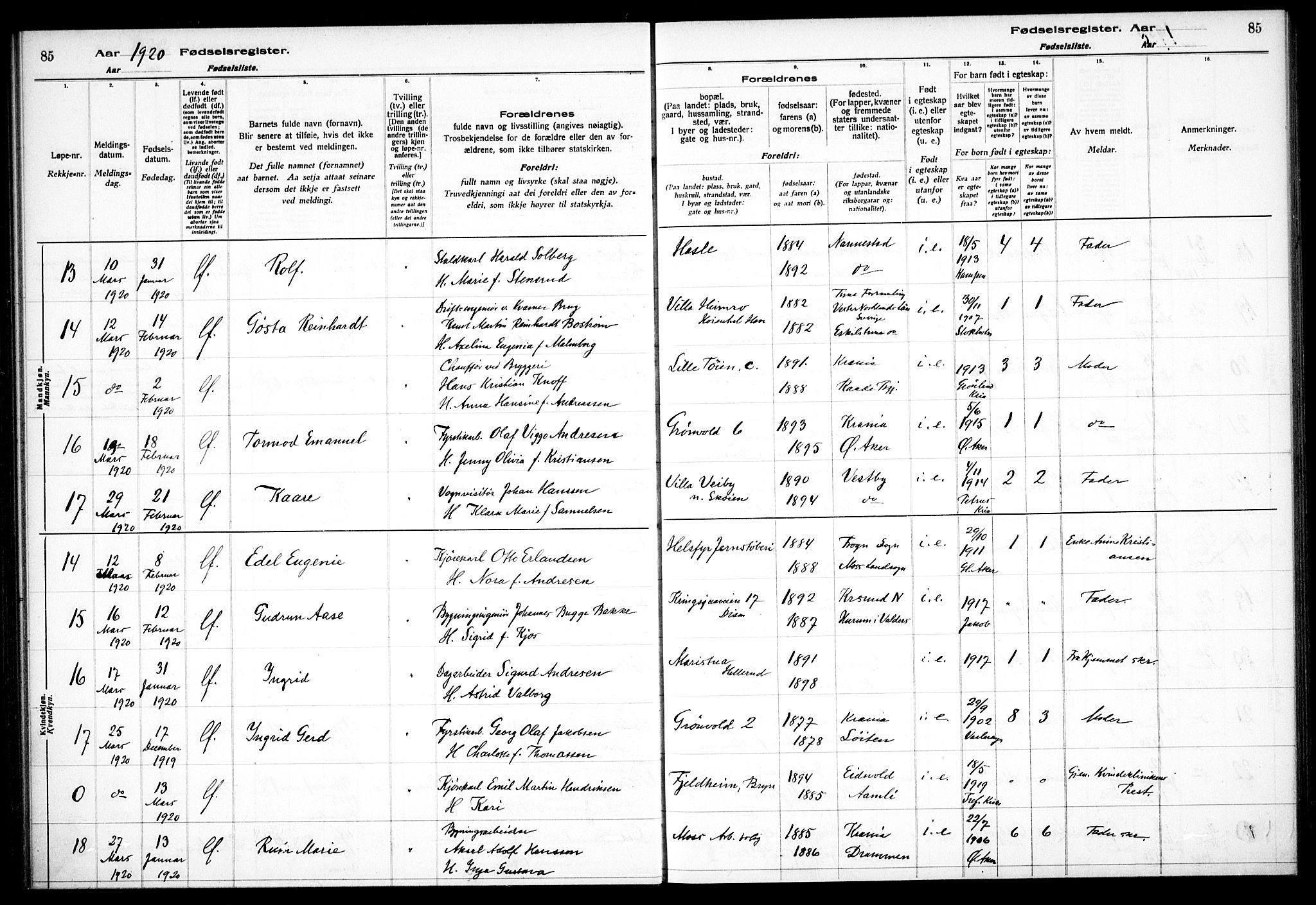 Østre Aker prestekontor Kirkebøker, AV/SAO-A-10840/J/Ja/L0001: Birth register no. I 1, 1916-1923, p. 85