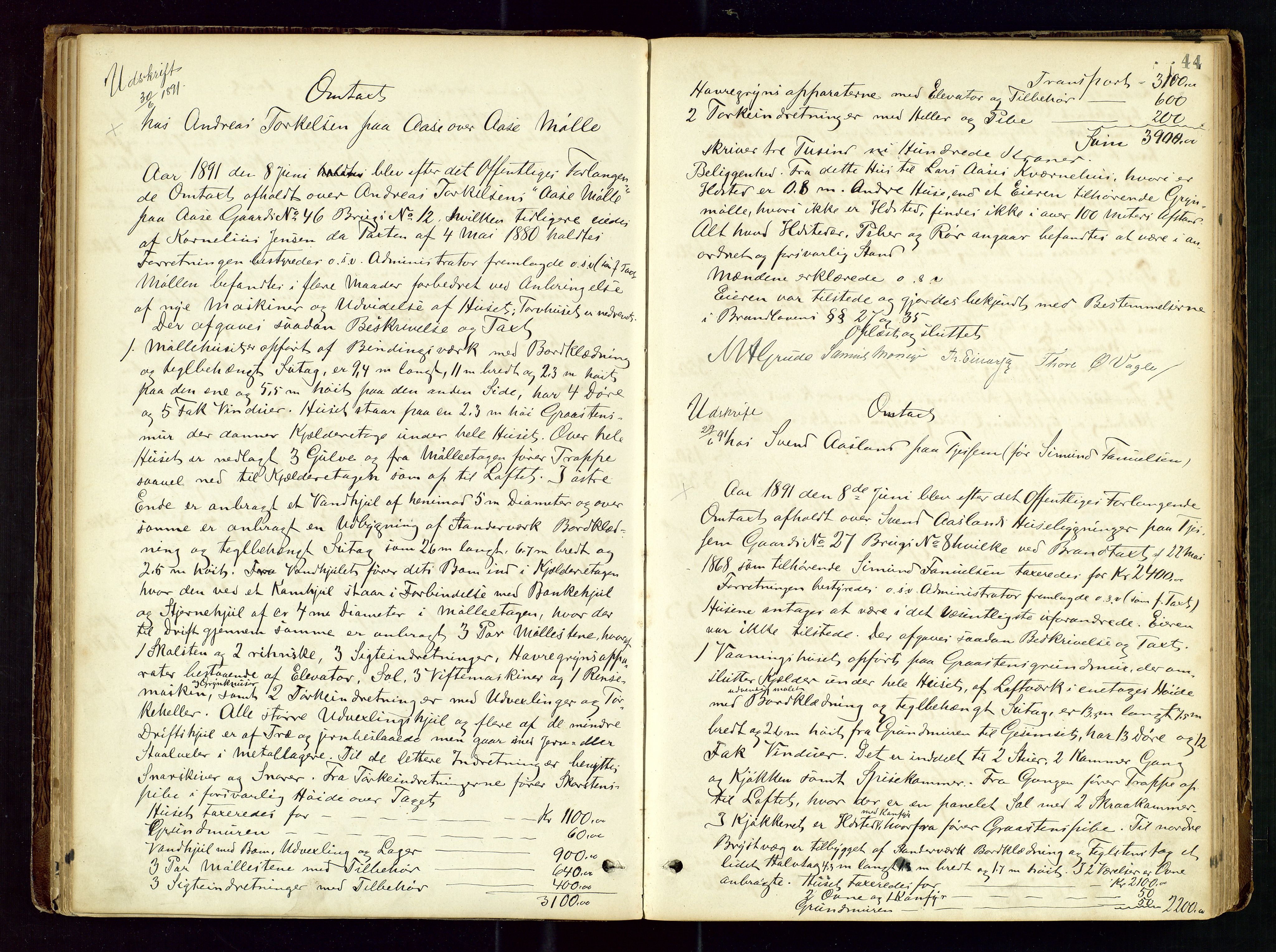 Høyland/Sandnes lensmannskontor, AV/SAST-A-100166/Goa/L0002: "Brandtaxtprotokol for Landafdelingen i Høiland", 1880-1917, p. 43b-44a