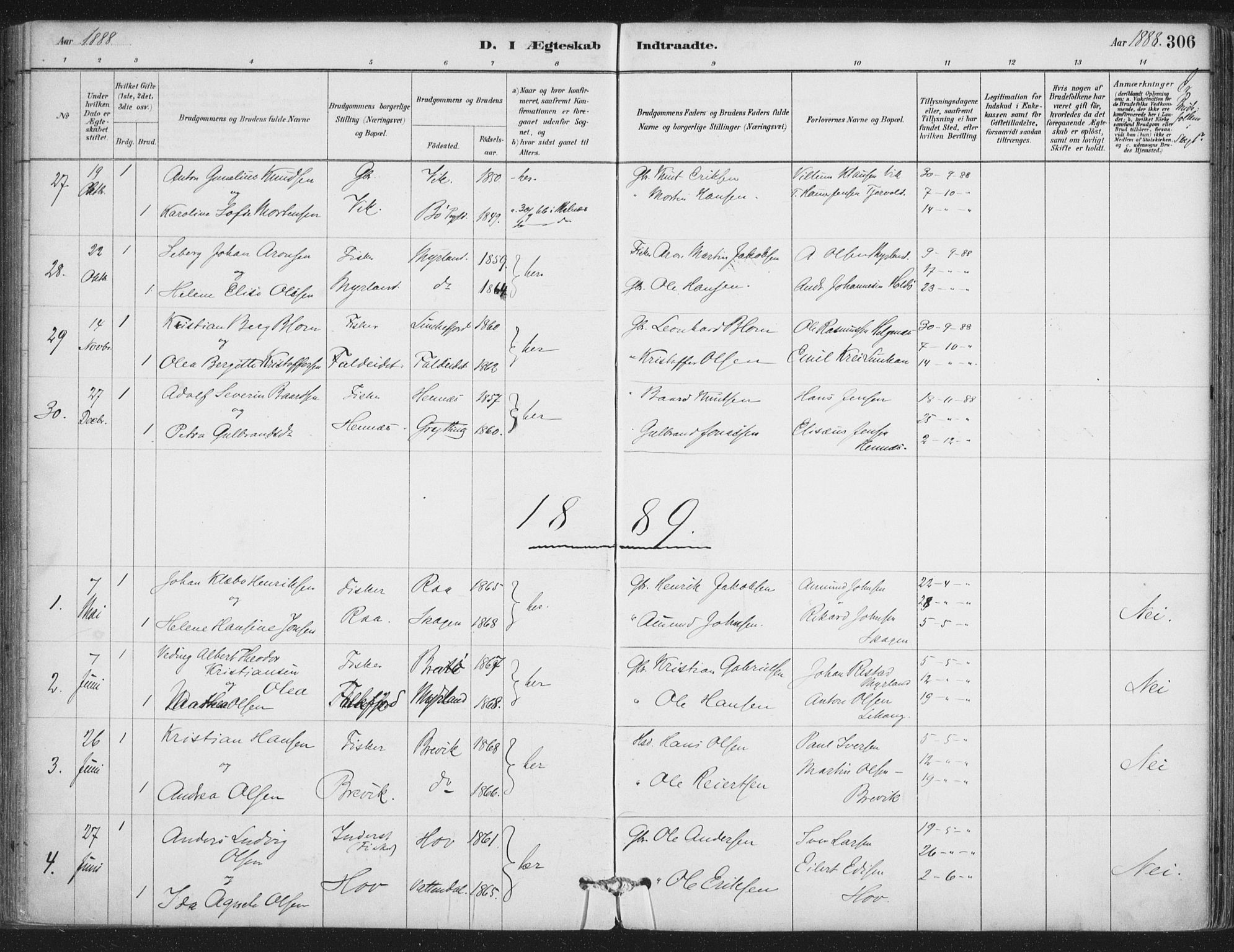 Ministerialprotokoller, klokkerbøker og fødselsregistre - Nordland, SAT/A-1459/888/L1244: Parish register (official) no. 888A10, 1880-1890, p. 306