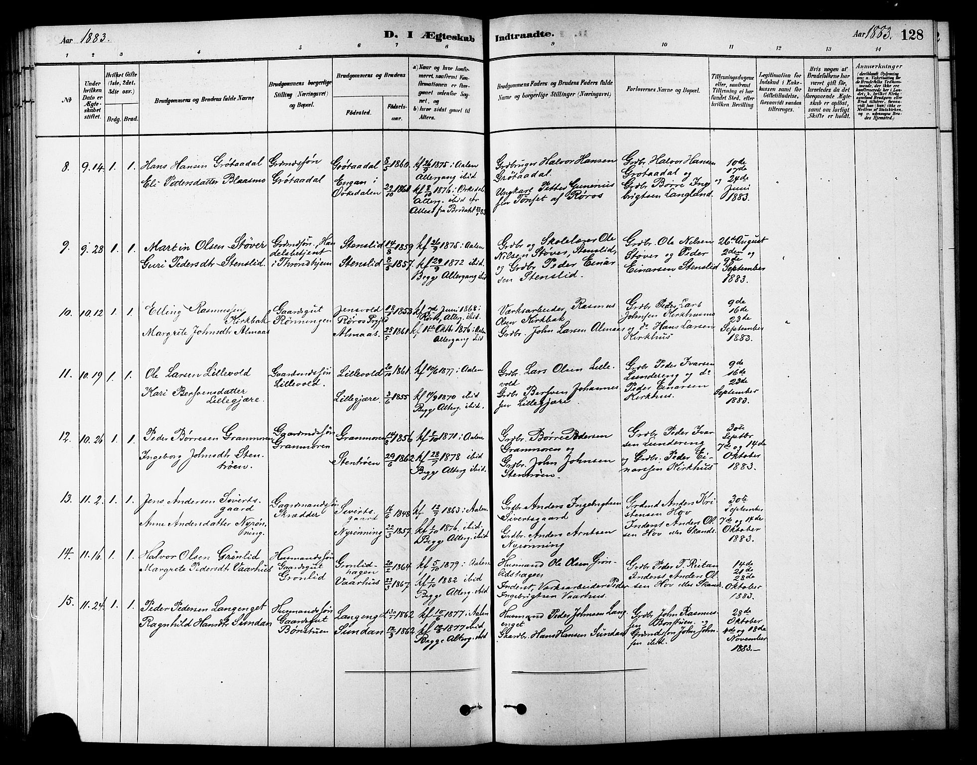 Ministerialprotokoller, klokkerbøker og fødselsregistre - Sør-Trøndelag, AV/SAT-A-1456/686/L0983: Parish register (official) no. 686A01, 1879-1890, p. 128