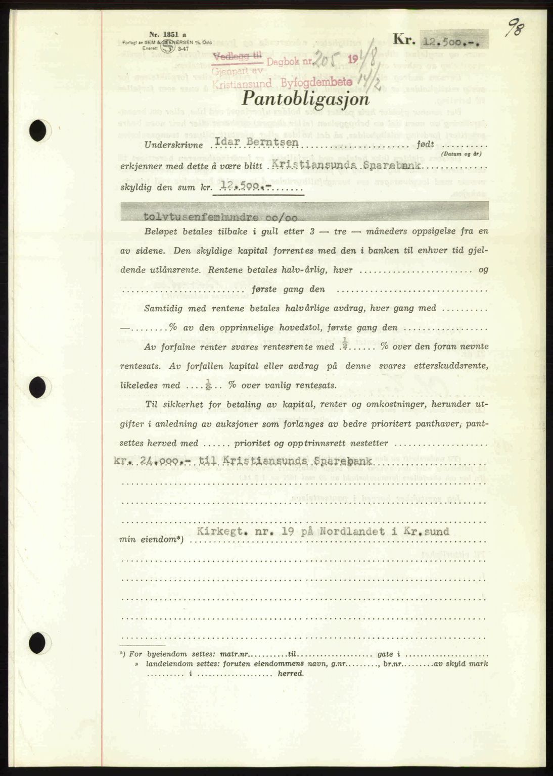 Kristiansund byfogd, AV/SAT-A-4587/A/27: Mortgage book no. 44, 1947-1948, Diary no: : 205/1948