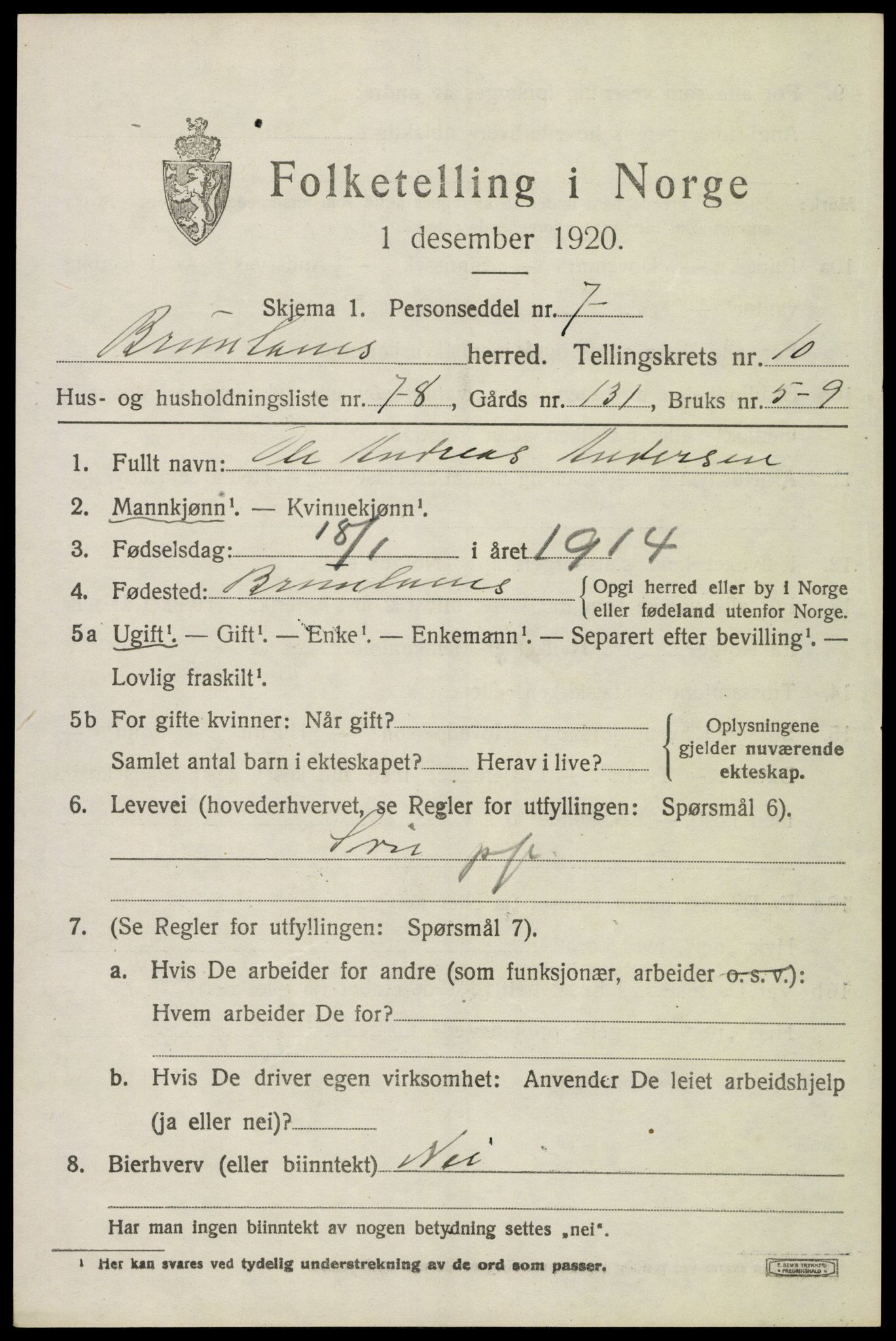 SAKO, 1920 census for Brunlanes, 1920, p. 9263