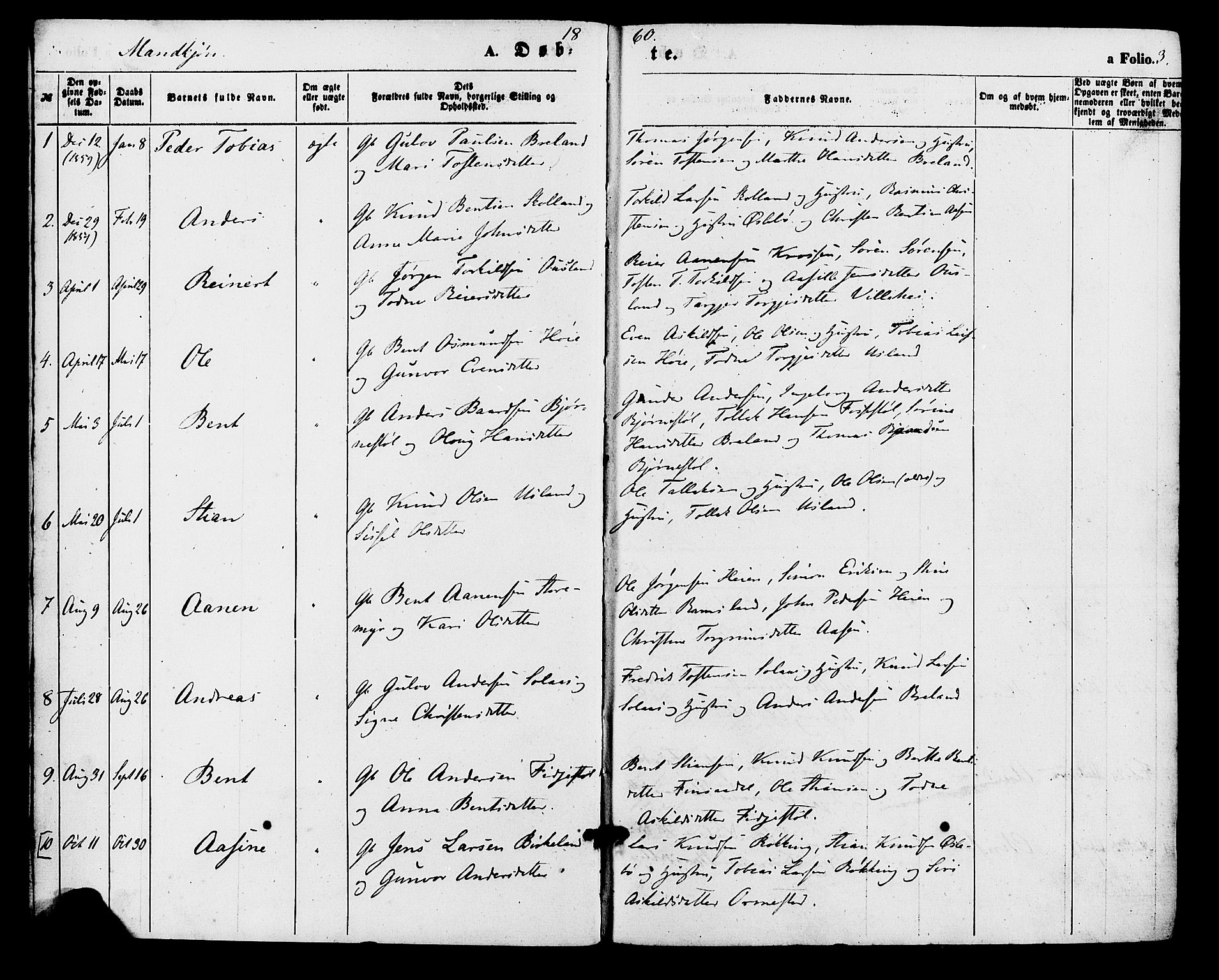Holum sokneprestkontor, SAK/1111-0022/F/Fa/Fac/L0003: Parish register (official) no. A 3, 1860-1883, p. 3