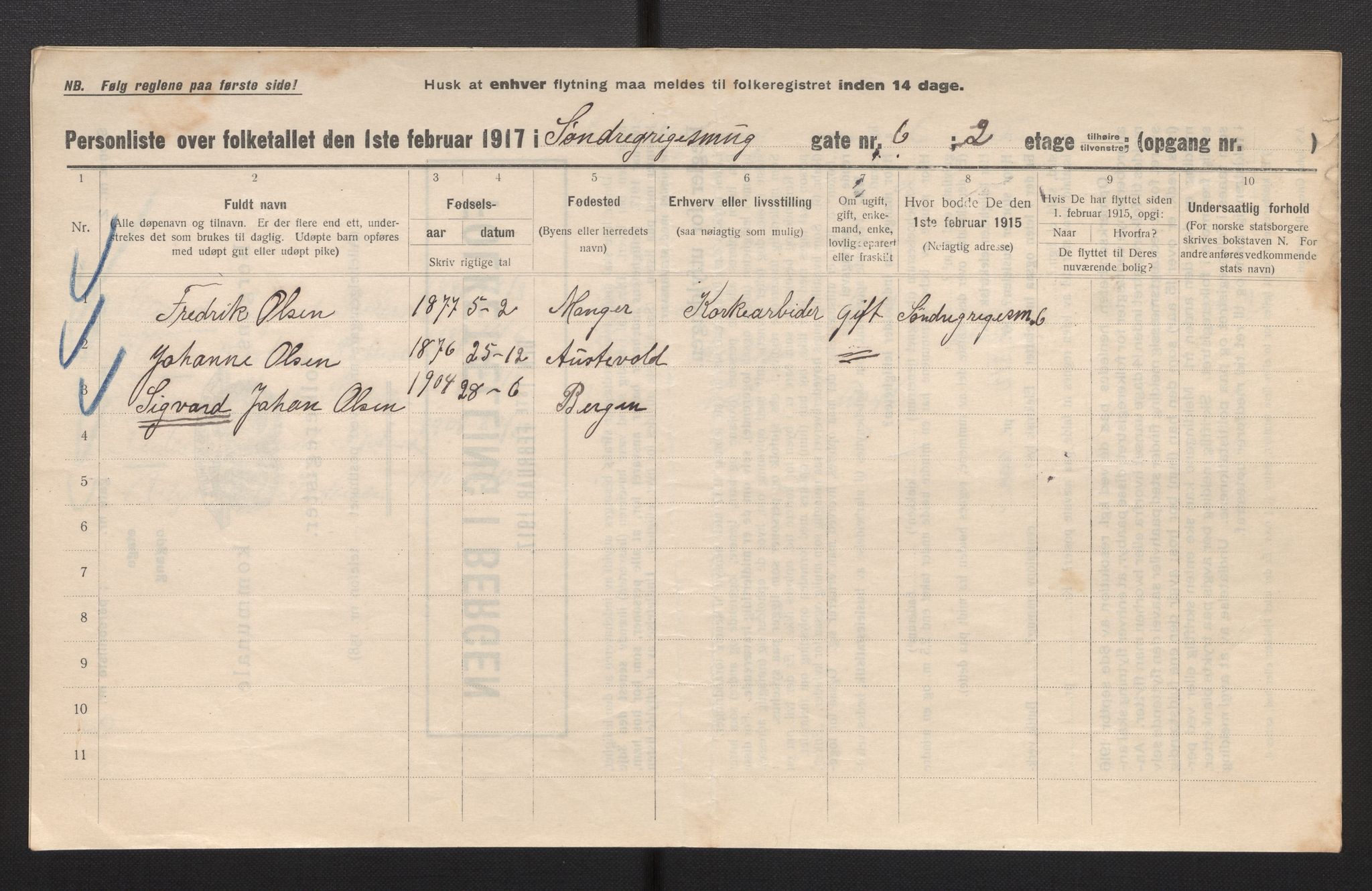 SAB, Municipal Census 1917 for Bergen, 1917, p. 10723