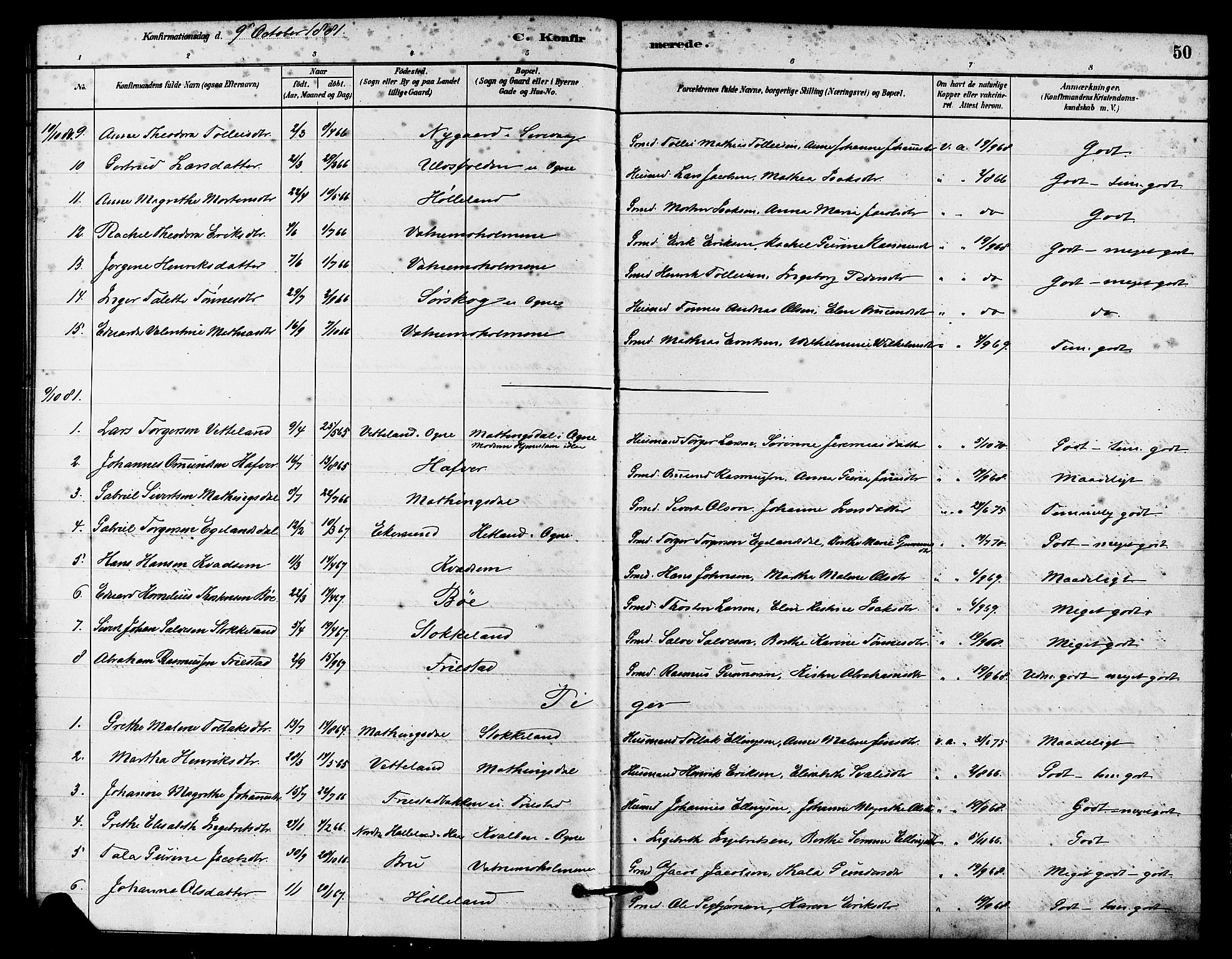 Eigersund sokneprestkontor, AV/SAST-A-101807/S08/L0016: Parish register (official) no. A 16, 1879-1893, p. 50