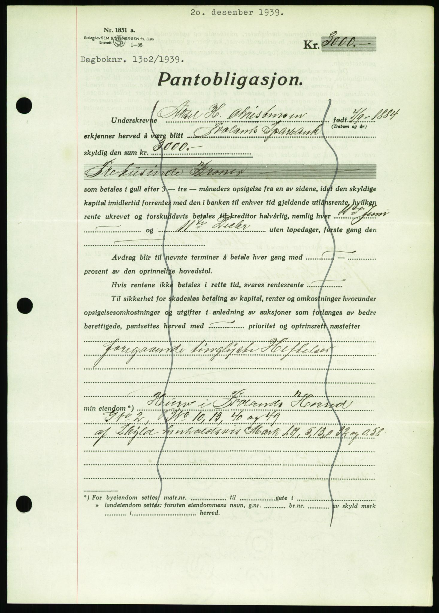 Nedenes sorenskriveri, SAK/1221-0006/G/Gb/Gbb/L0001: Mortgage book no. I, 1939-1942, Diary no: : 1302/1939