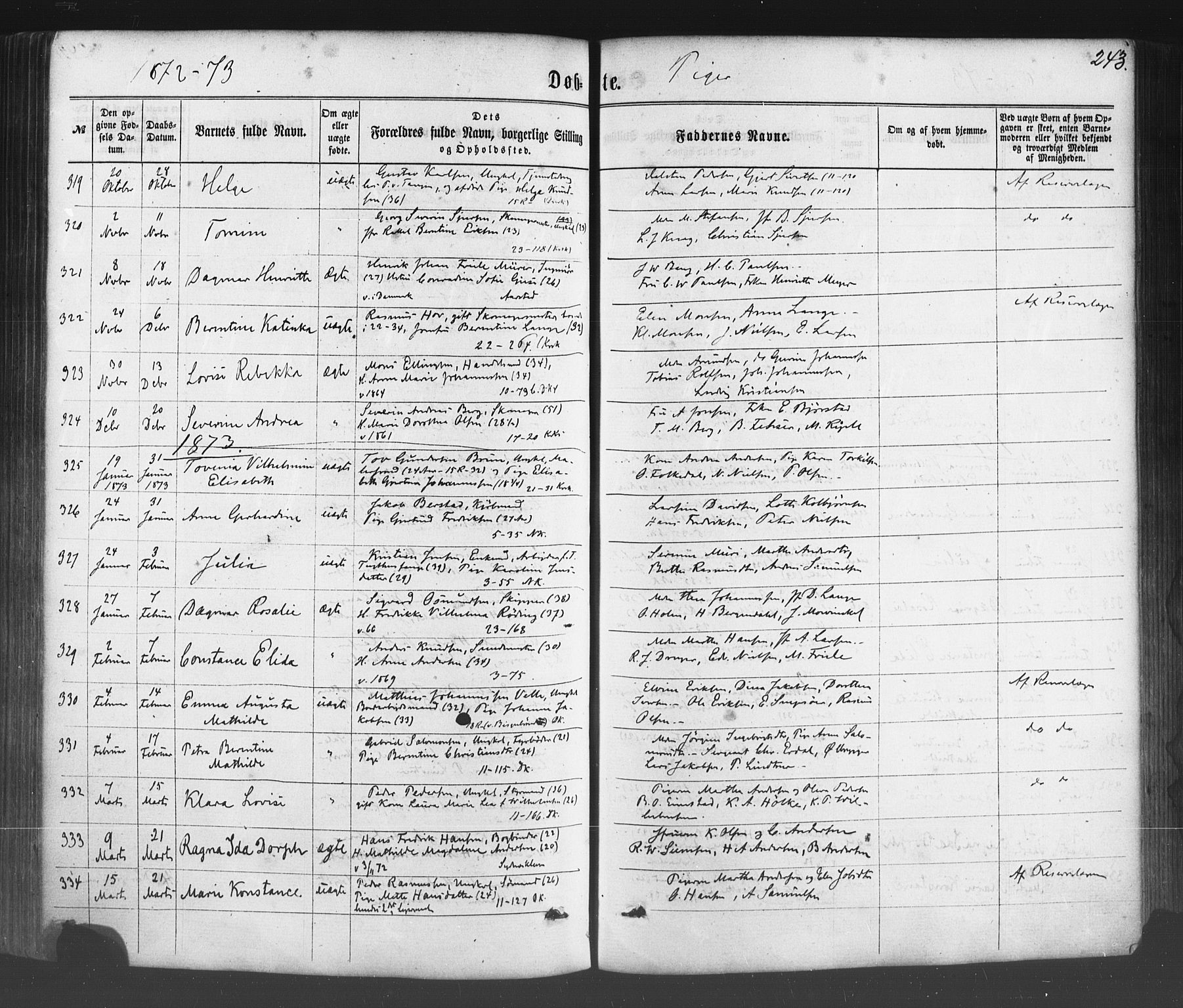 Fødselsstiftelsens sokneprestembete*, SAB/-: Parish register (official) no. A 1, 1863-1883, p. 243