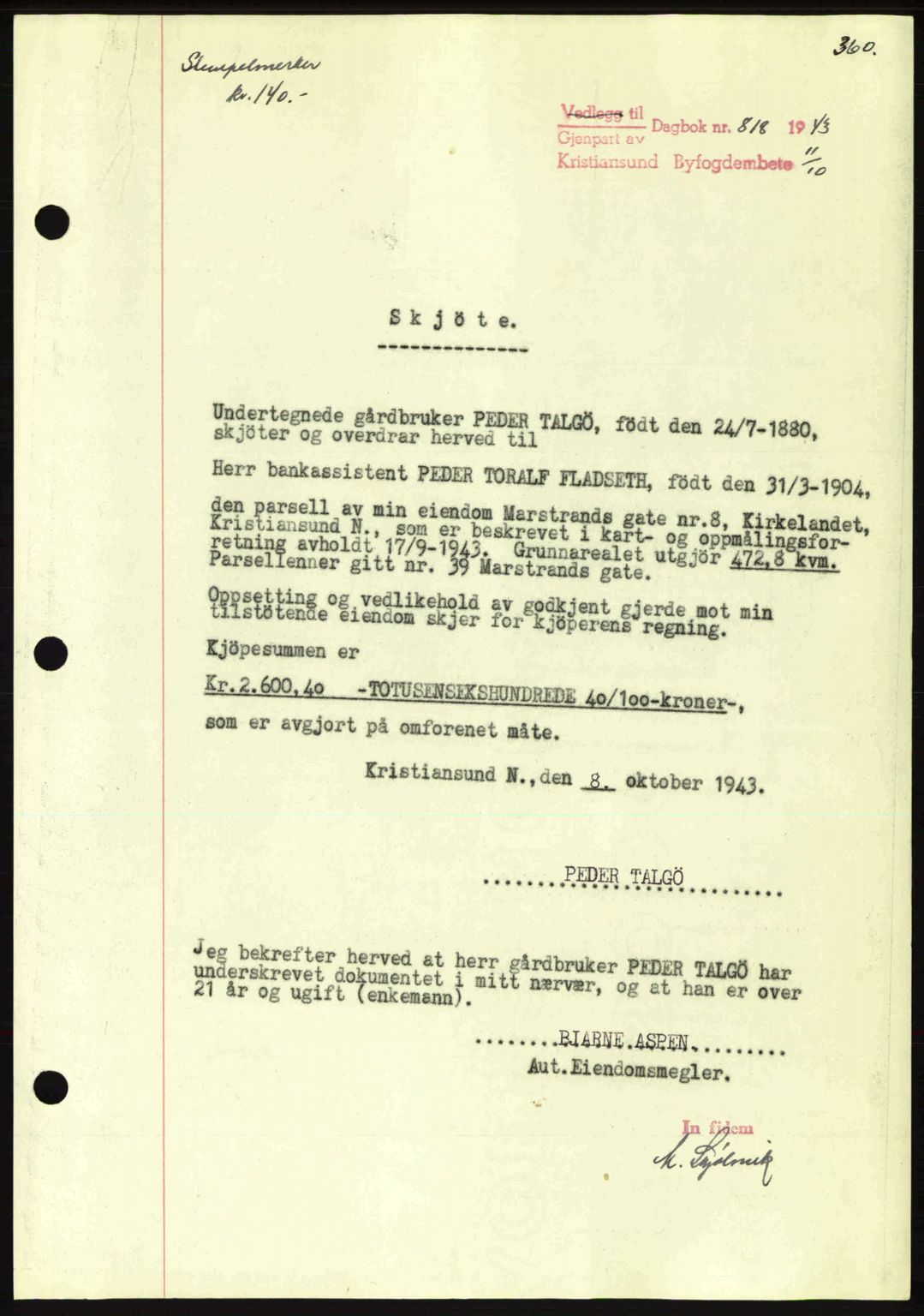 Kristiansund byfogd, AV/SAT-A-4587/A/27: Mortgage book no. 34, 1941-1945, Diary no: : 818/1943