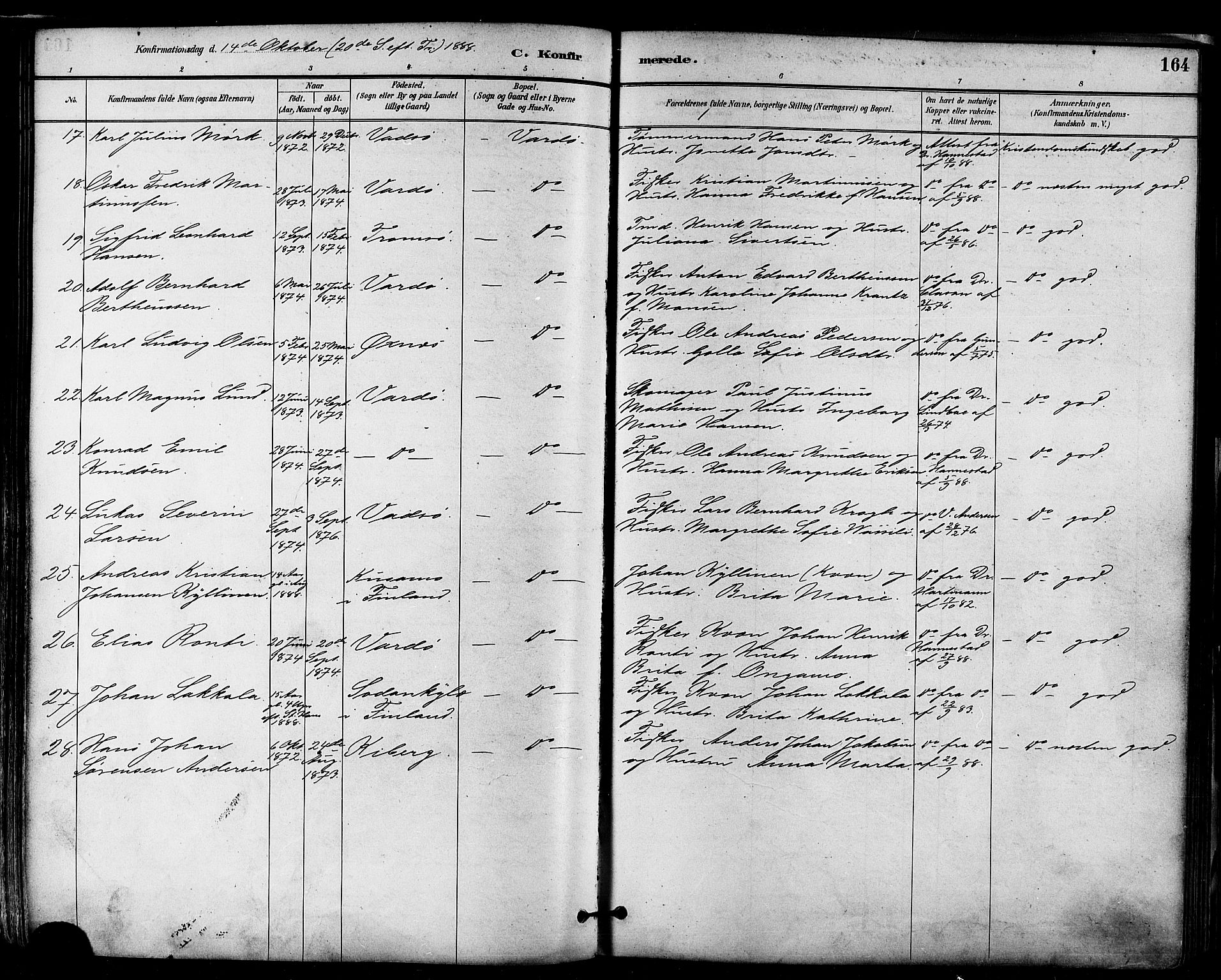Vardø sokneprestkontor, SATØ/S-1332/H/Ha/L0007kirke: Parish register (official) no. 7, 1886-1897, p. 164