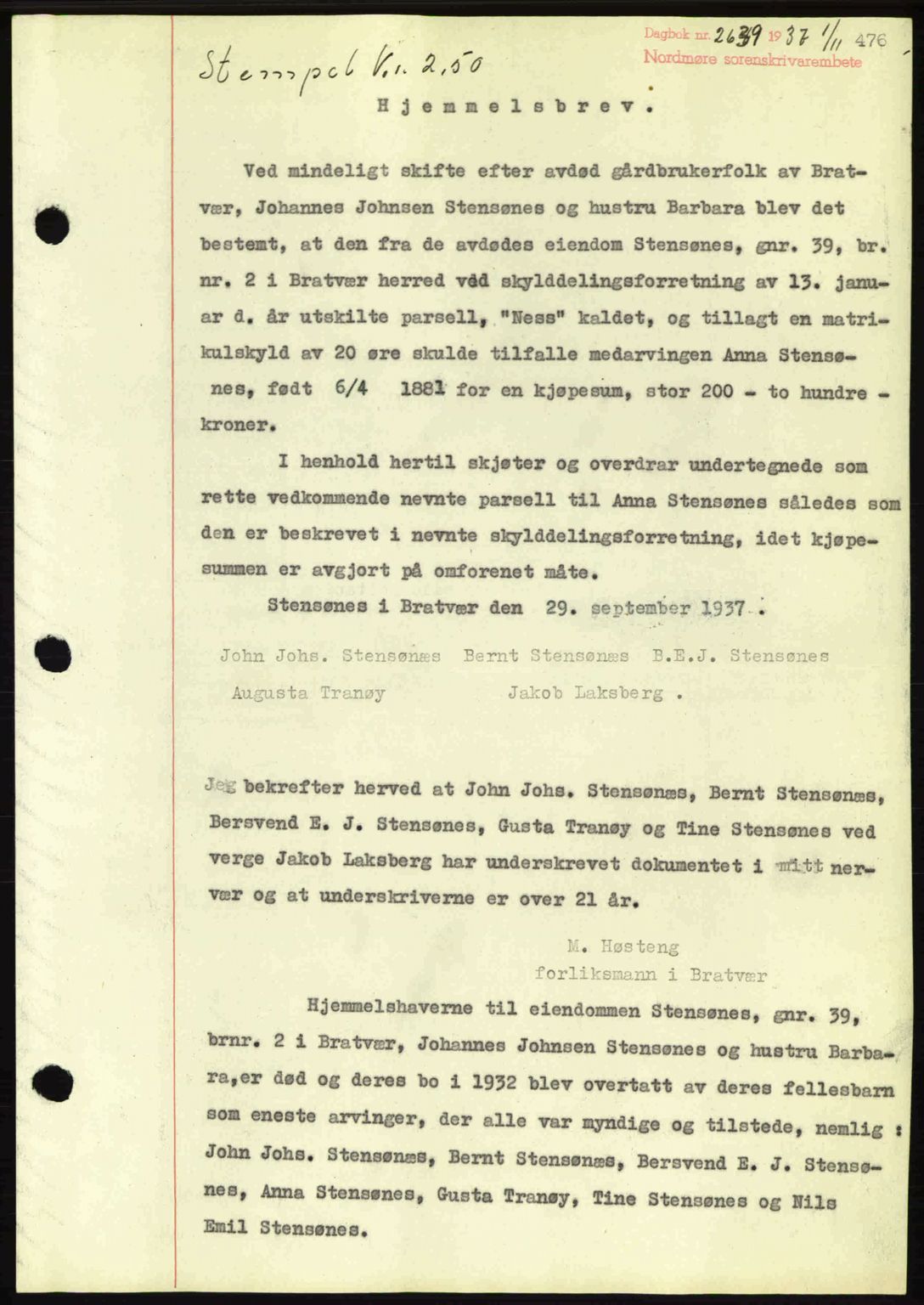 Nordmøre sorenskriveri, AV/SAT-A-4132/1/2/2Ca: Mortgage book no. A82, 1937-1938, Diary no: : 2639/1937