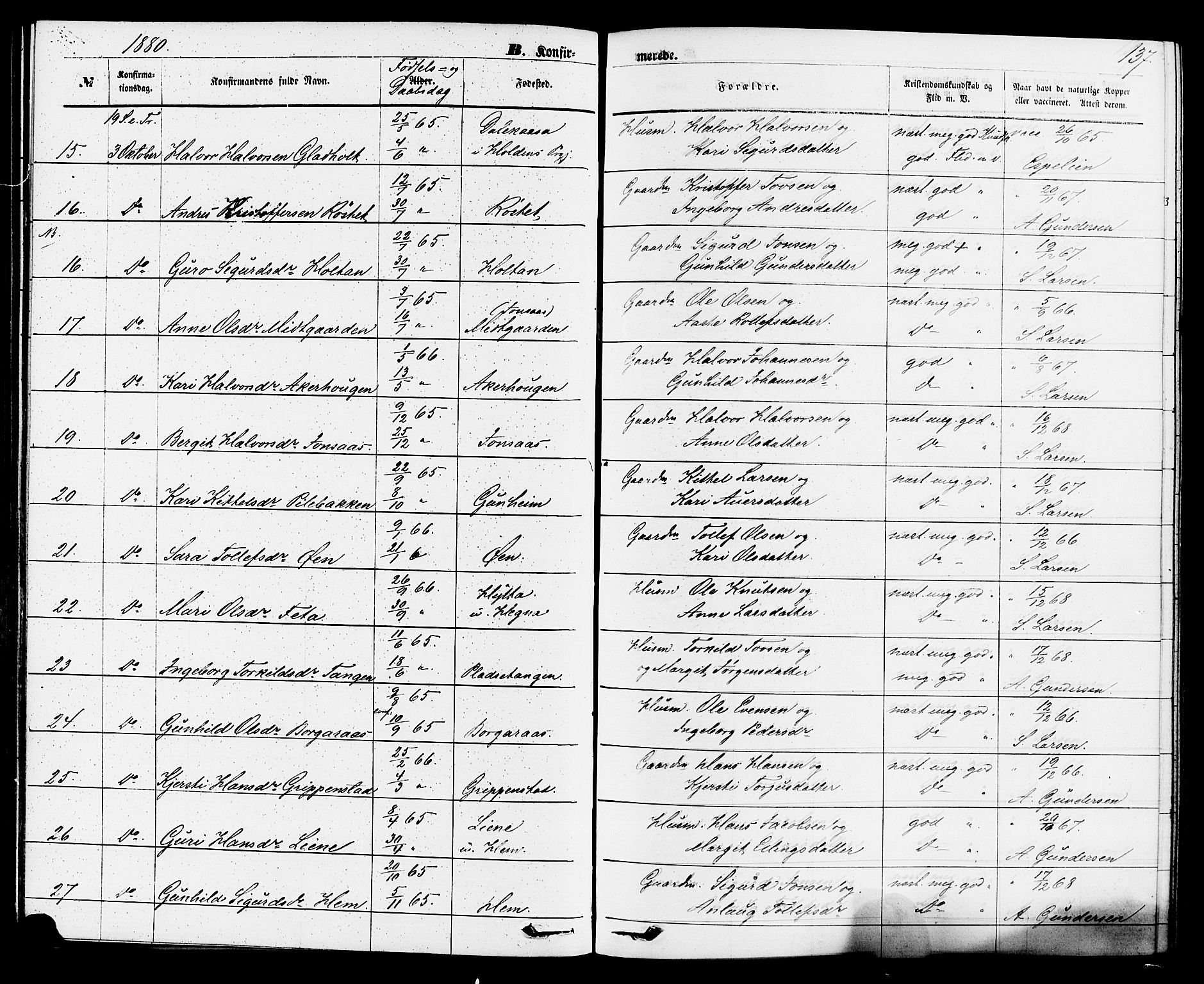 Sauherad kirkebøker, SAKO/A-298/F/Fa/L0008: Parish register (official) no. I 8, 1873-1886, p. 137