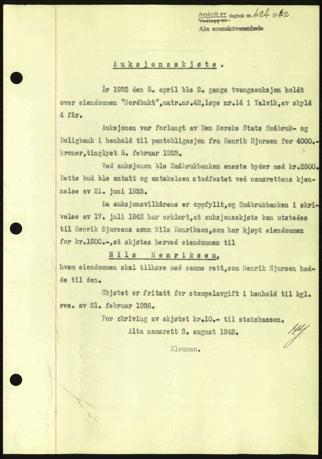 Alta fogderi/sorenskriveri, SATØ/SATØ-5/1/K/Kd/L0033pantebok: Mortgage book no. 33, 1940-1943, Diary no: : 424/1942