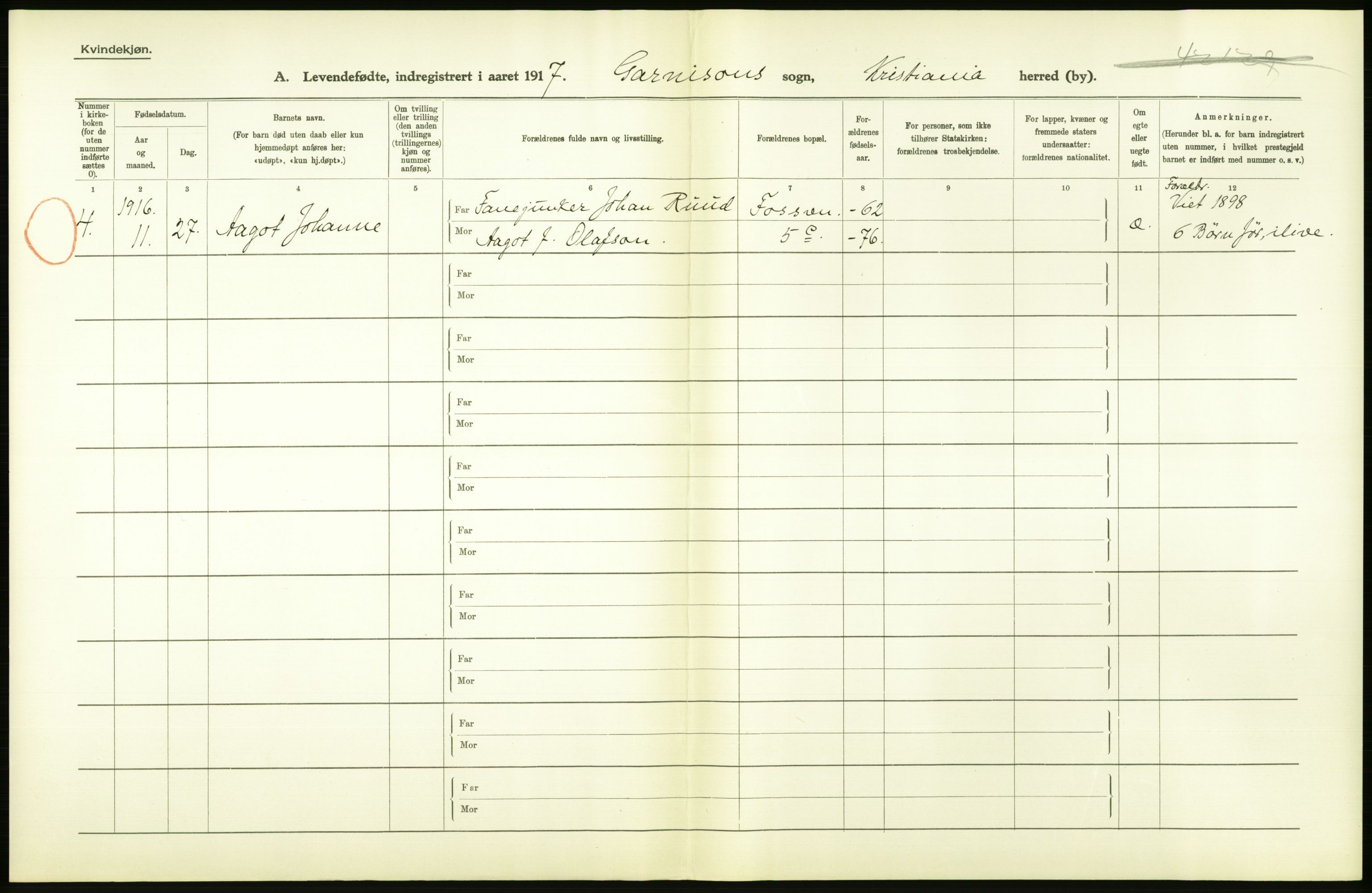 Statistisk sentralbyrå, Sosiodemografiske emner, Befolkning, RA/S-2228/D/Df/Dfb/Dfbg/L0007: Kristiania: Levendefødte menn og kvinner., 1917, p. 66