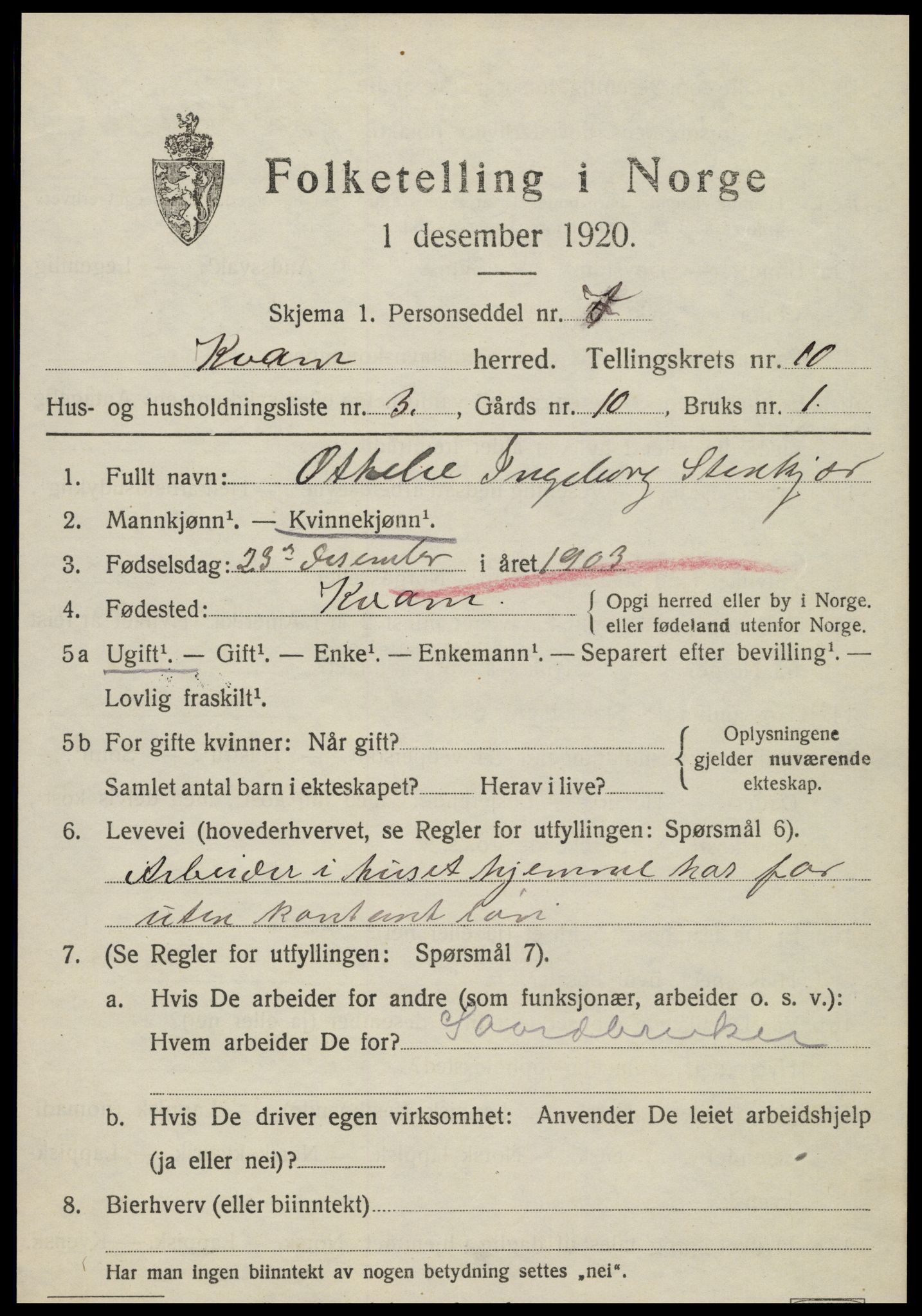 SAT, 1920 census for Kvam, 1920, p. 2541