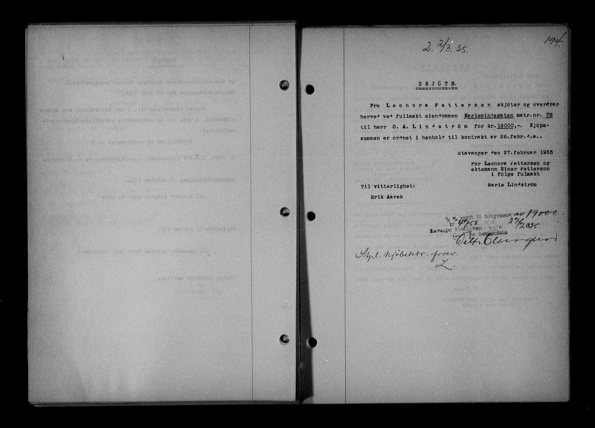 Stavanger byrett, AV/SAST-A-100455/001/4/41/410BB/L0008: Mortgage book no. 58, 1934-1935, Deed date: 02.03.1935