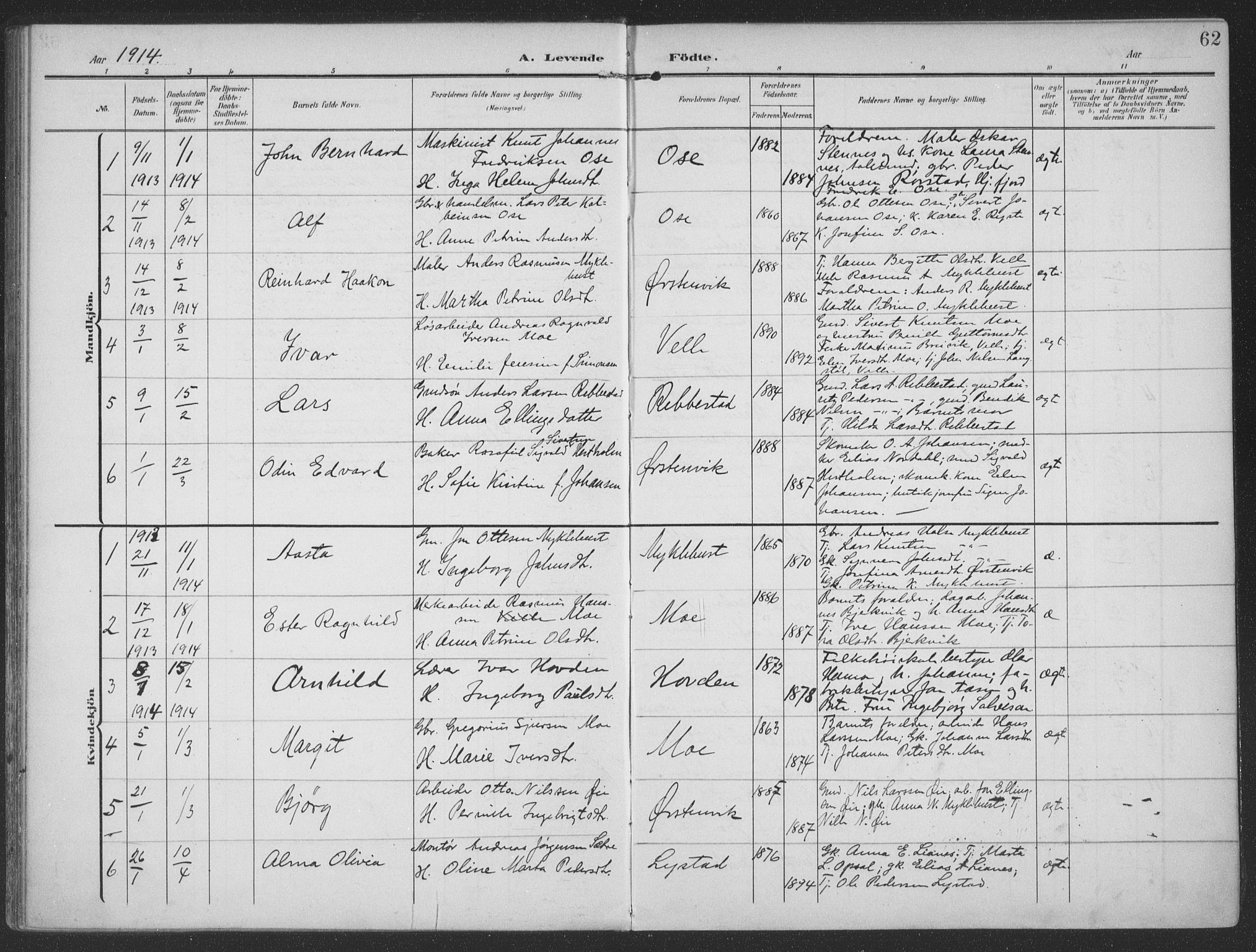 Ministerialprotokoller, klokkerbøker og fødselsregistre - Møre og Romsdal, SAT/A-1454/513/L0178: Parish register (official) no. 513A05, 1906-1919, p. 62