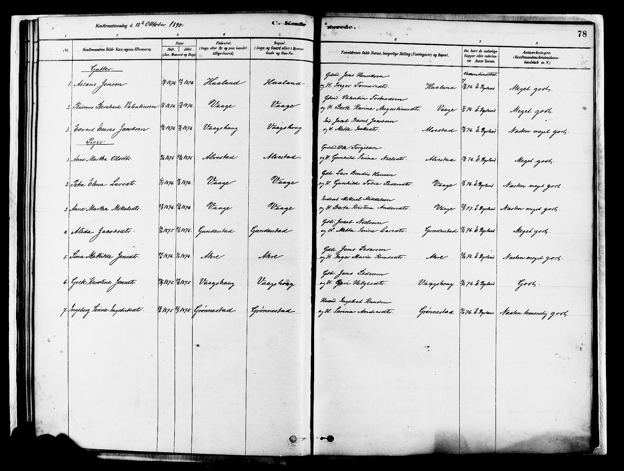 Tysvær sokneprestkontor, SAST/A -101864/H/Ha/Haa/L0007: Parish register (official) no. A 7, 1878-1897, p. 78