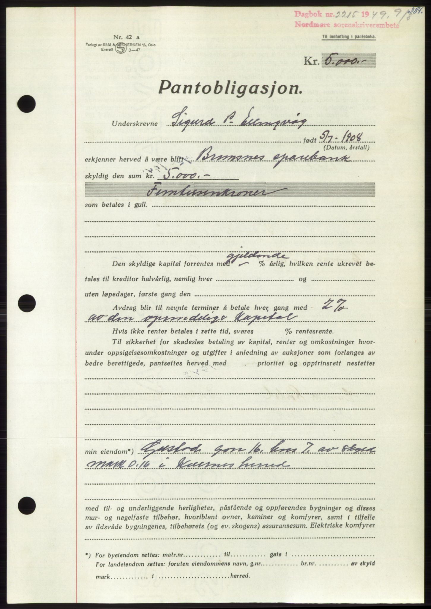 Nordmøre sorenskriveri, AV/SAT-A-4132/1/2/2Ca: Mortgage book no. B102, 1949-1949, Diary no: : 2215/1949