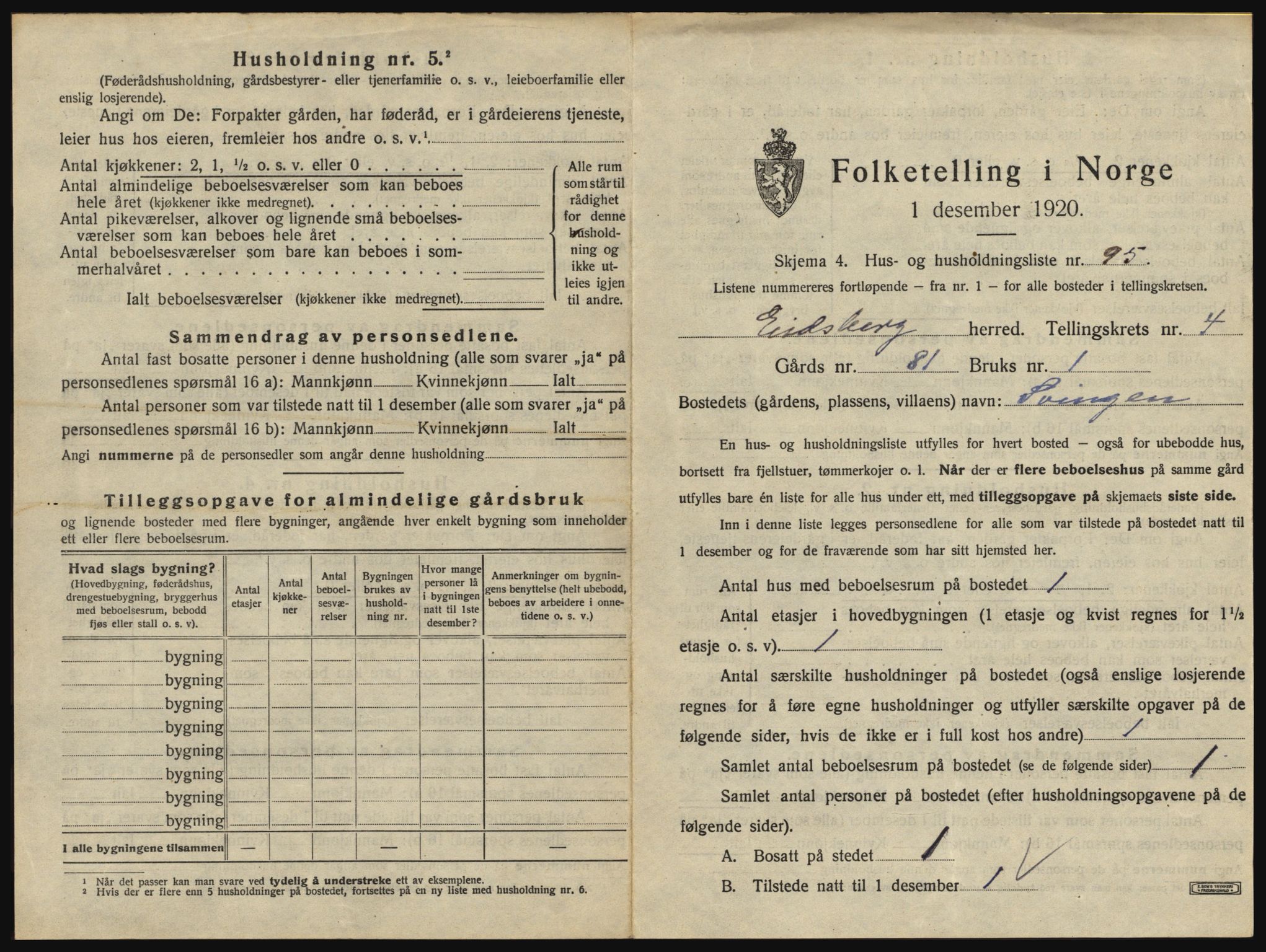 SAO, 1920 census for Eidsberg, 1920, p. 847