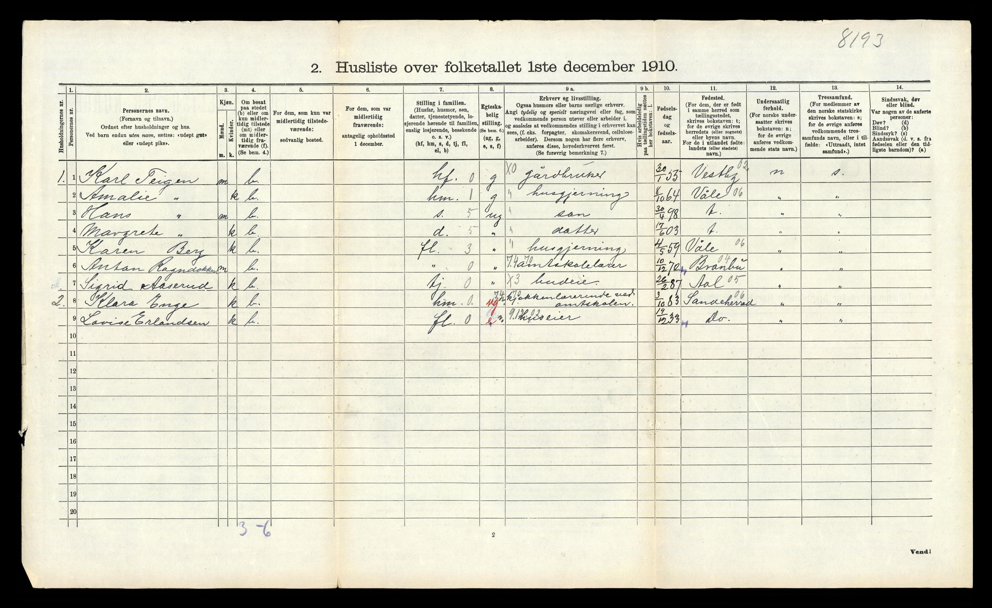 RA, 1910 census for Sande, 1910, p. 174