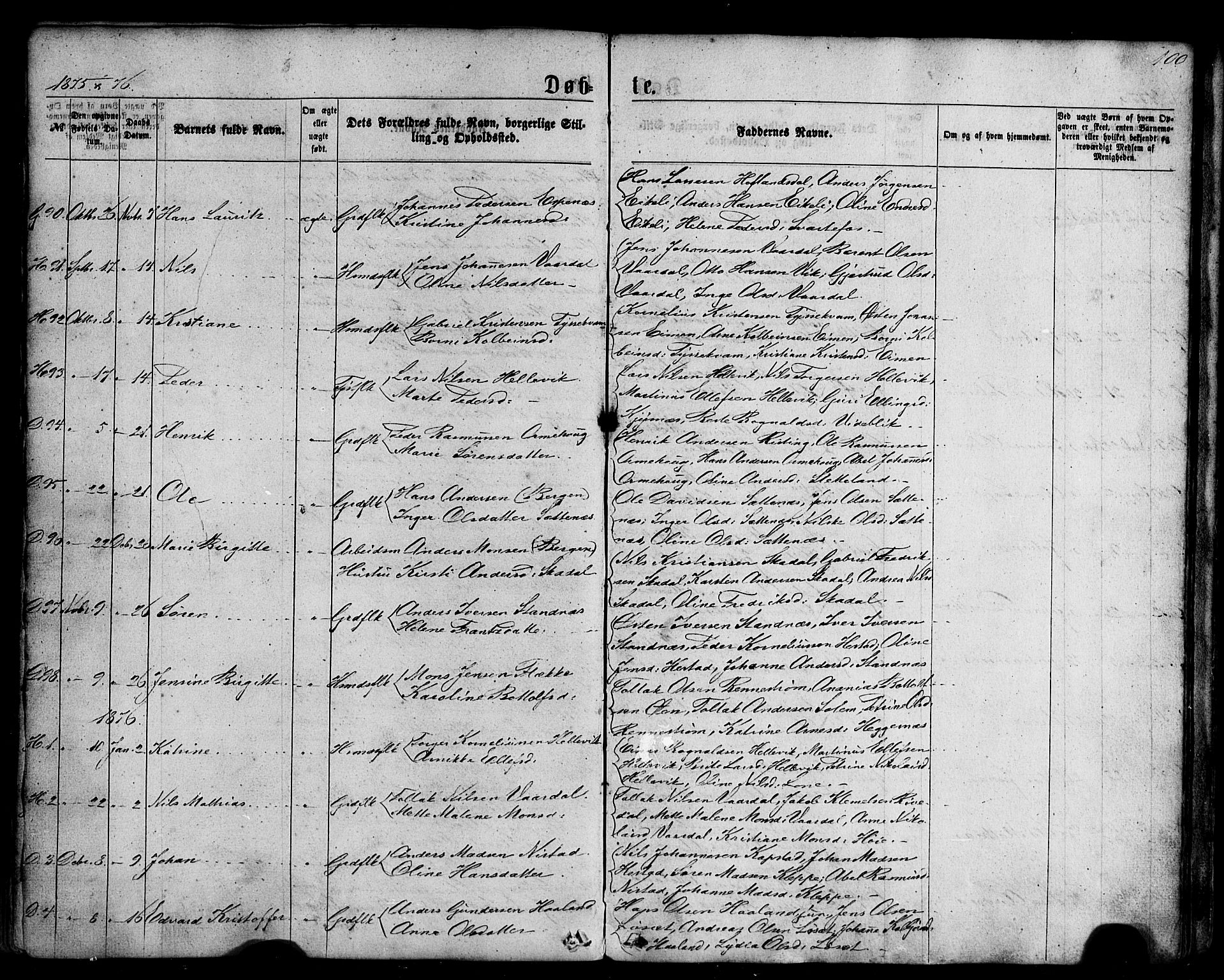 Fjaler sokneprestembete, AV/SAB-A-79801/H/Haa/Haaa/L0007: Parish register (official) no. A 7, 1862-1881, p. 100