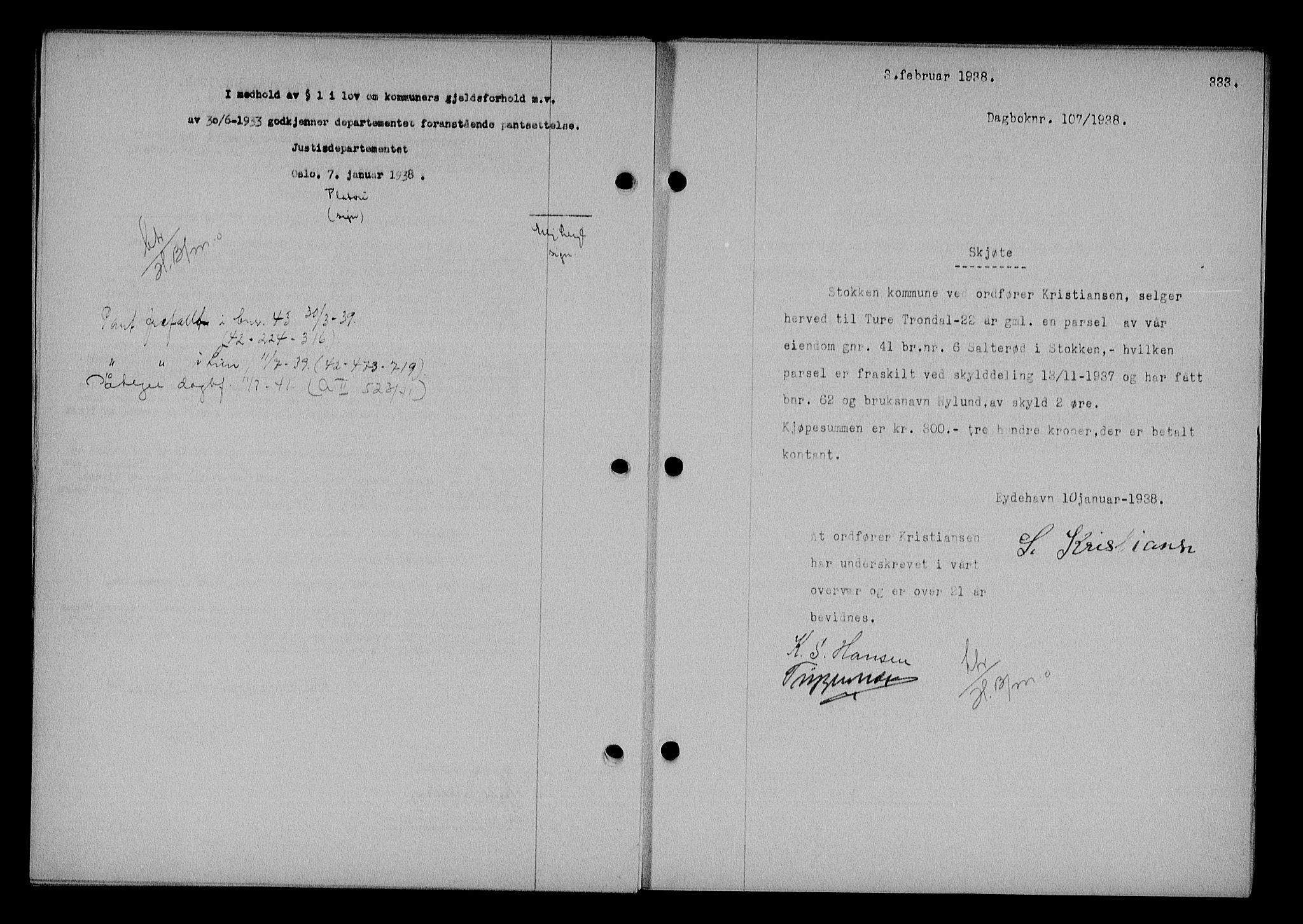 Nedenes sorenskriveri, SAK/1221-0006/G/Gb/Gba/L0044: Mortgage book no. 40, 1937-1938, Diary no: : 107/1938